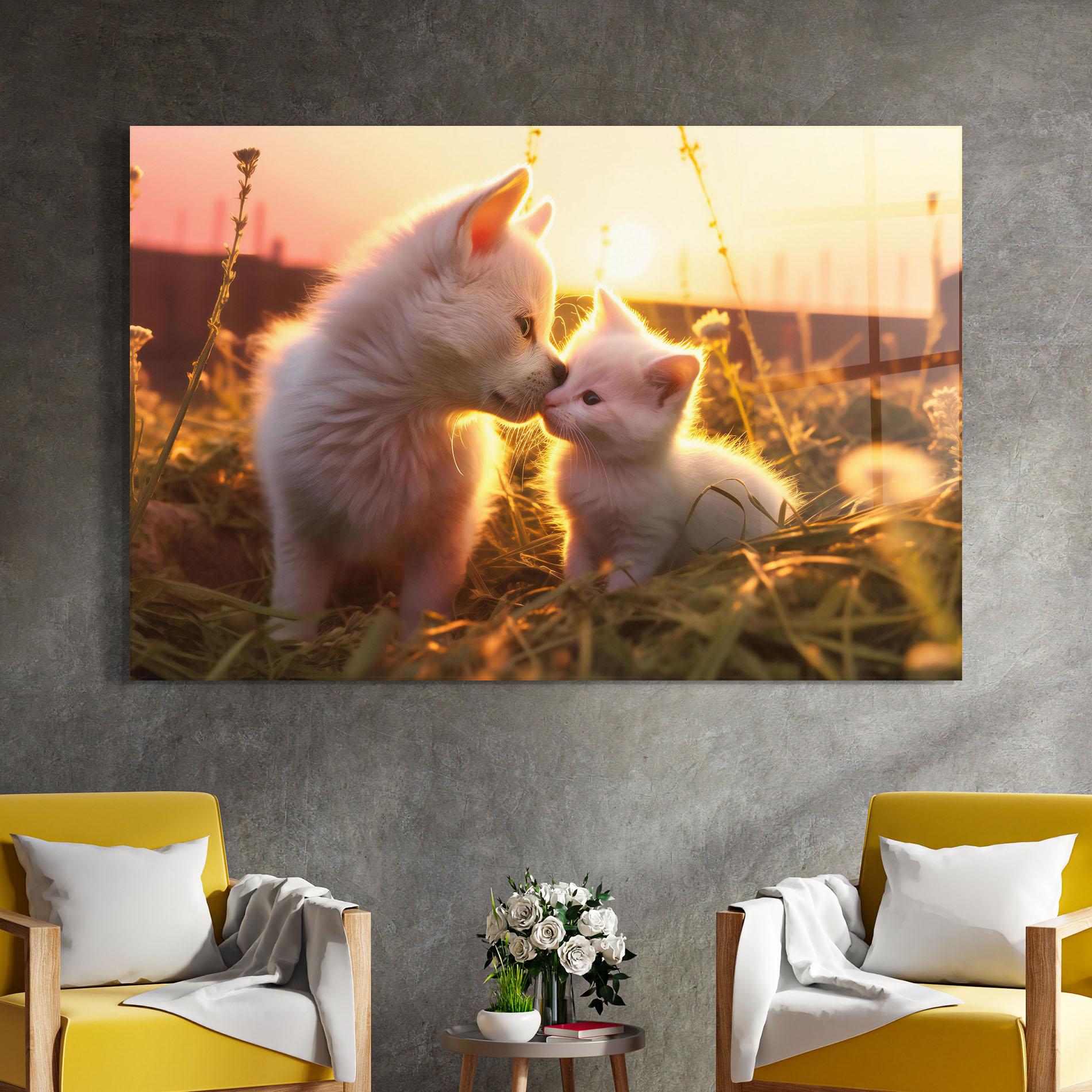 Glasbild White Cat And Puppy mockup 4