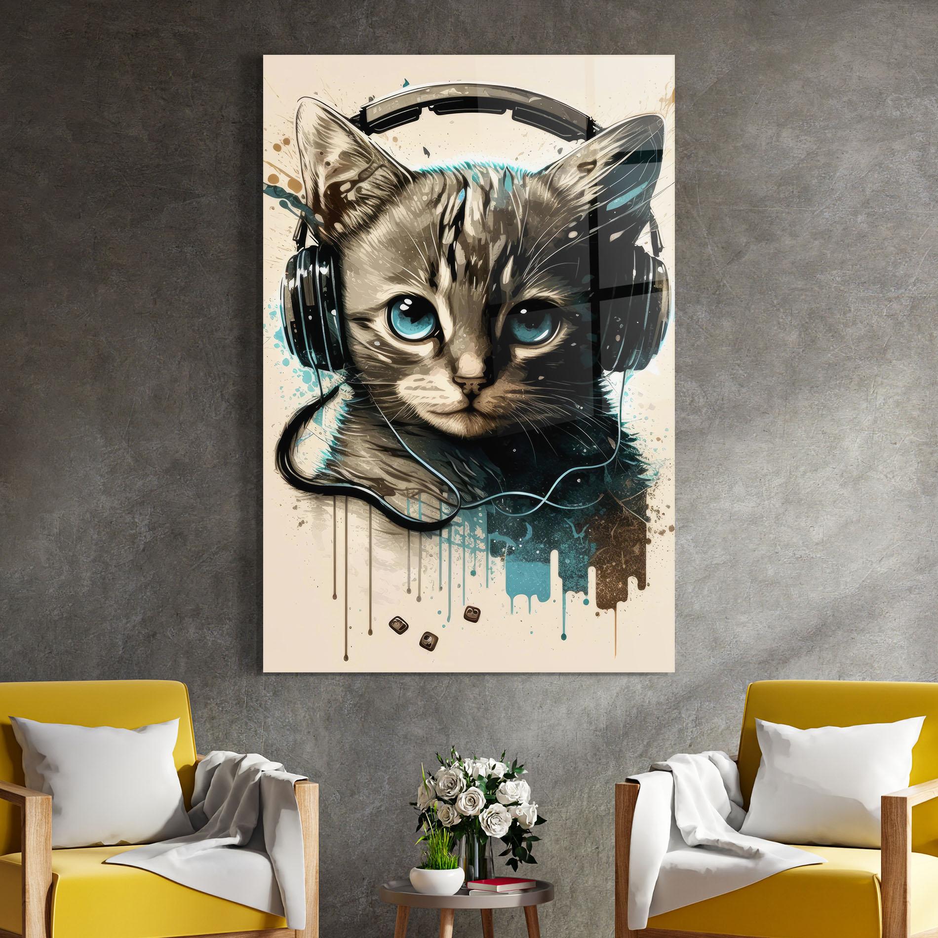 Glasbild Headphones Cute Cat mockup 4