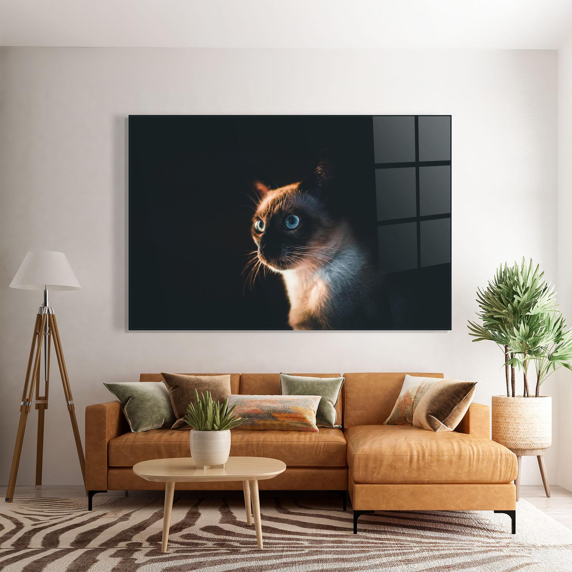 Glasbild Blue Eyes Cat In Dark mockup 7