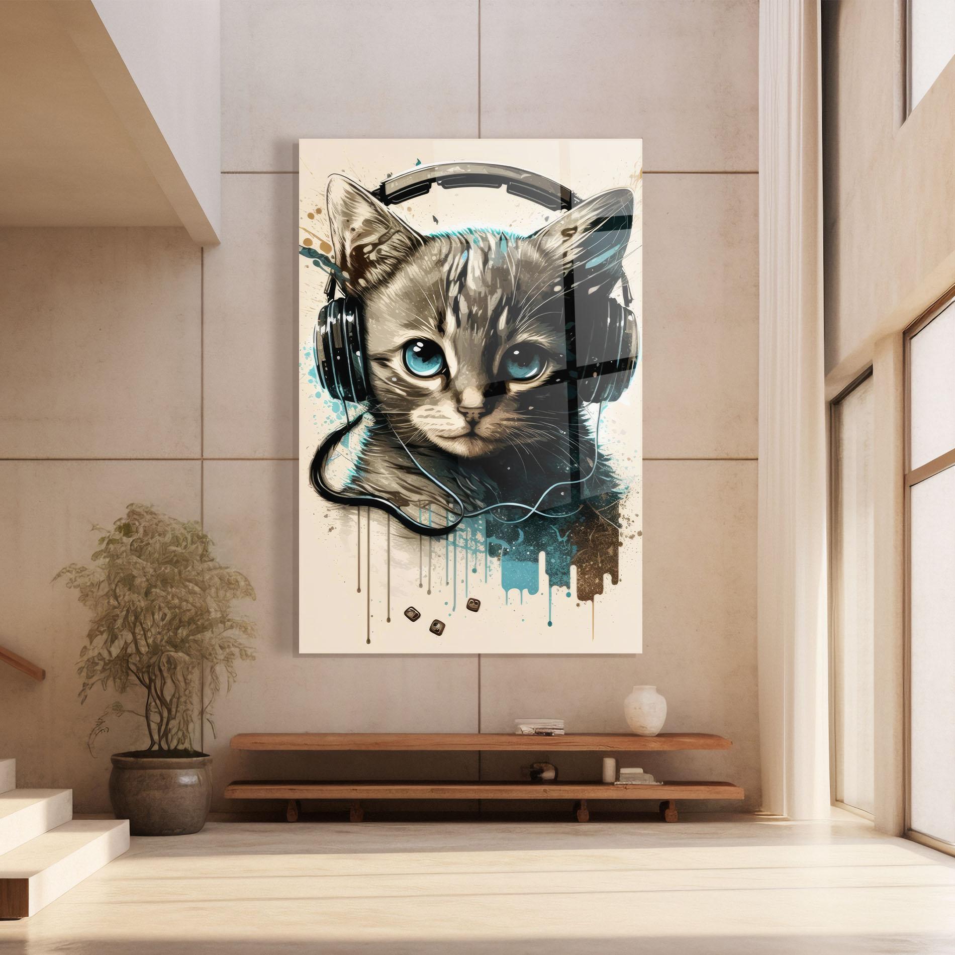 Glasbild Headphones Cute Cat mockup 8