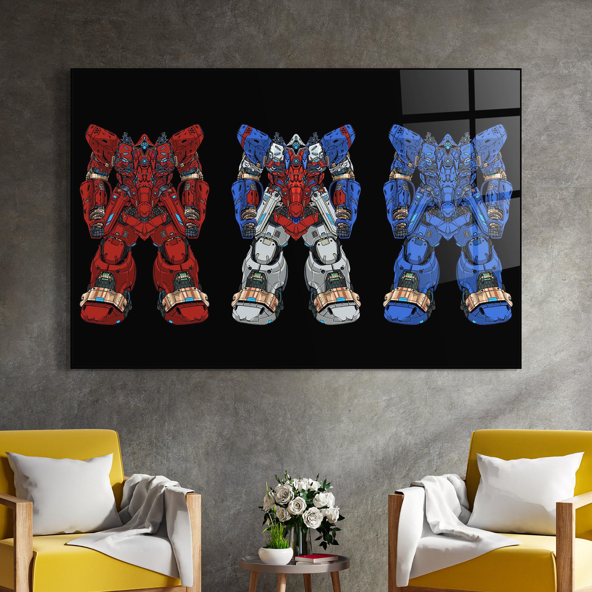 Glasbild Blue Red Robots mockup 4