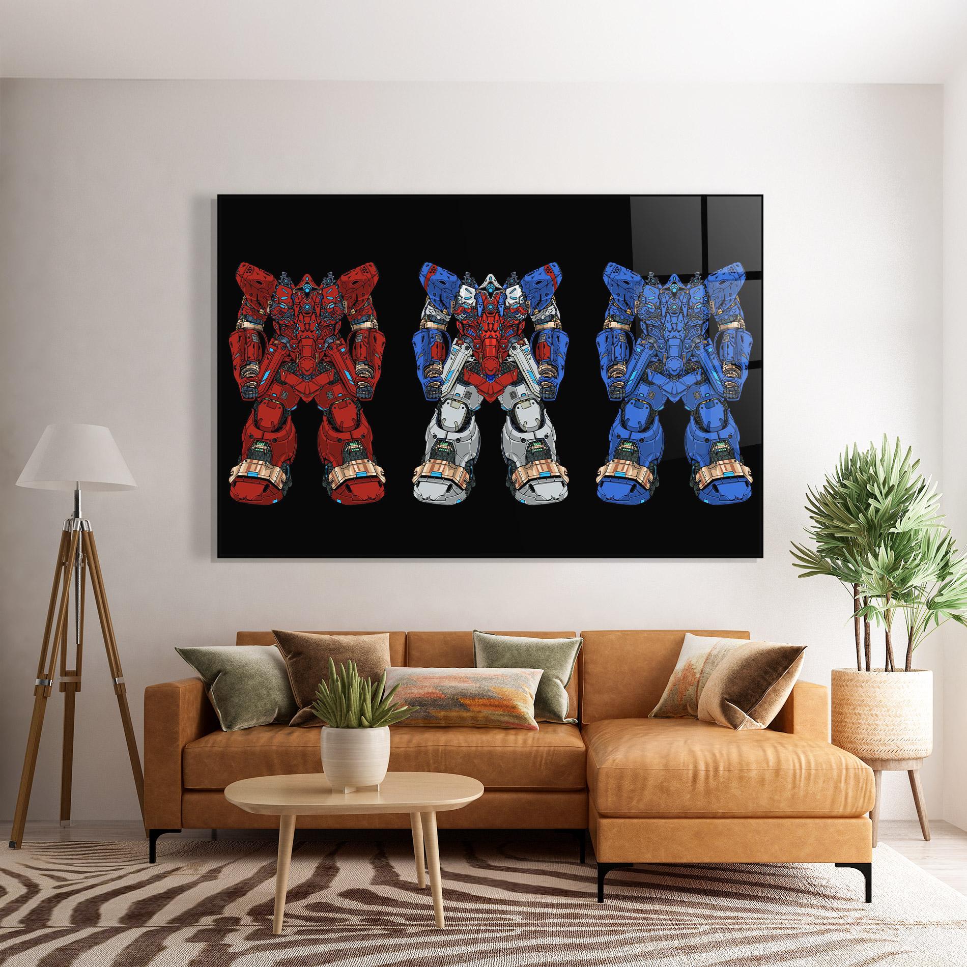 Glasbild Blue Red Robots mockup 7