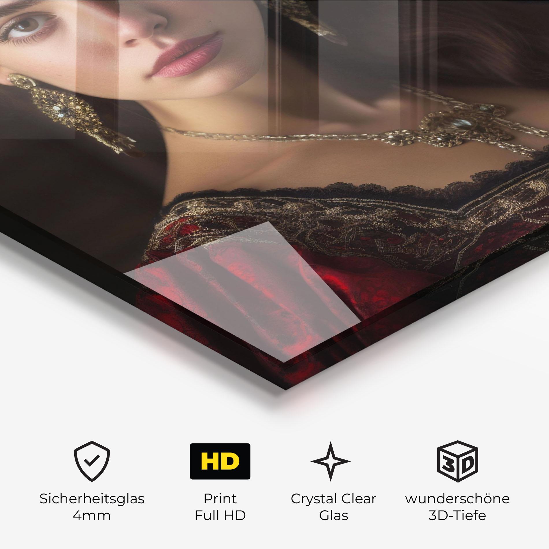 Glasbild Gold Jewelry Red Dress mockup 3