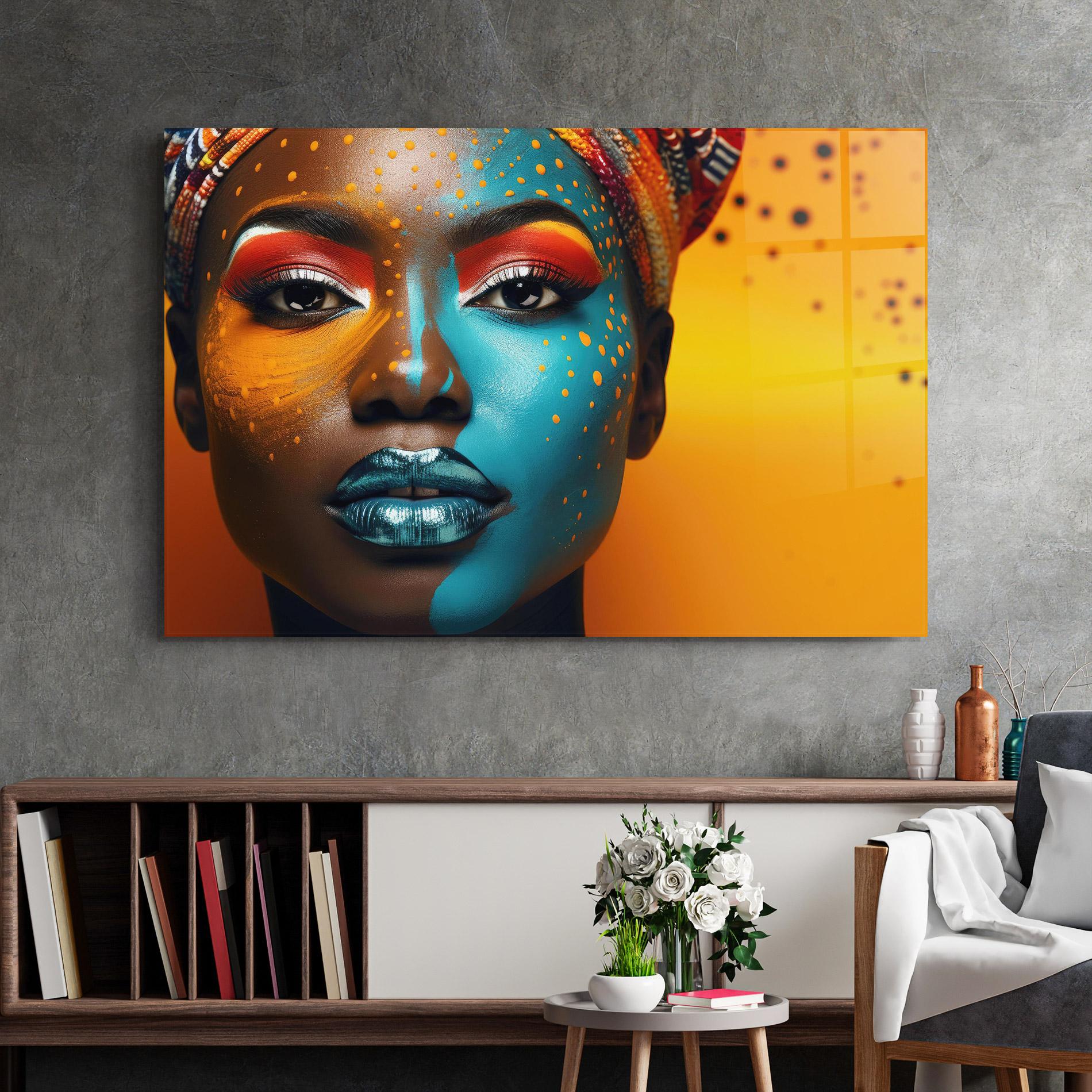 Glasbild Blue Brown Skin Woman mockup 2