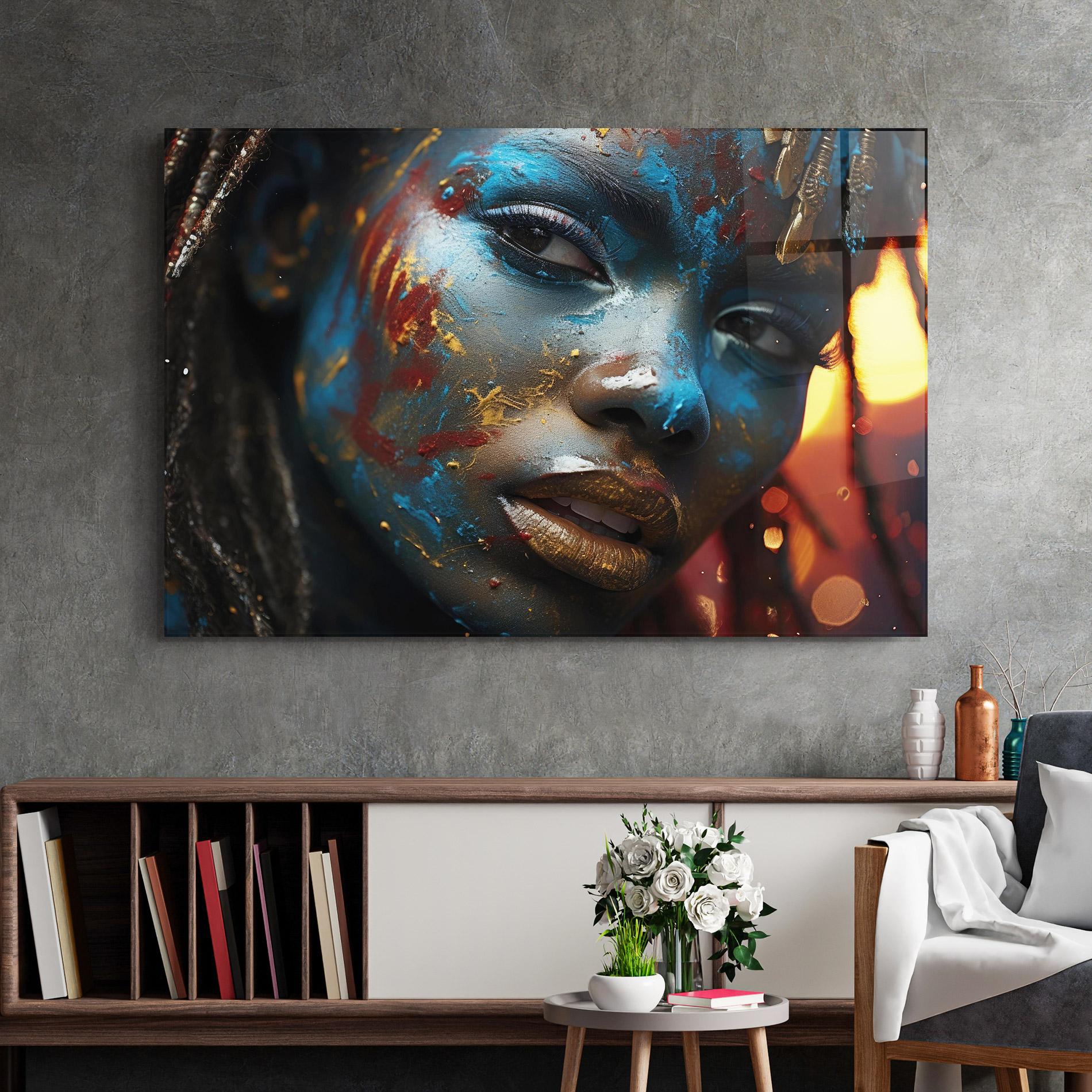 Glasbild Blue Paint Woman mockup 2