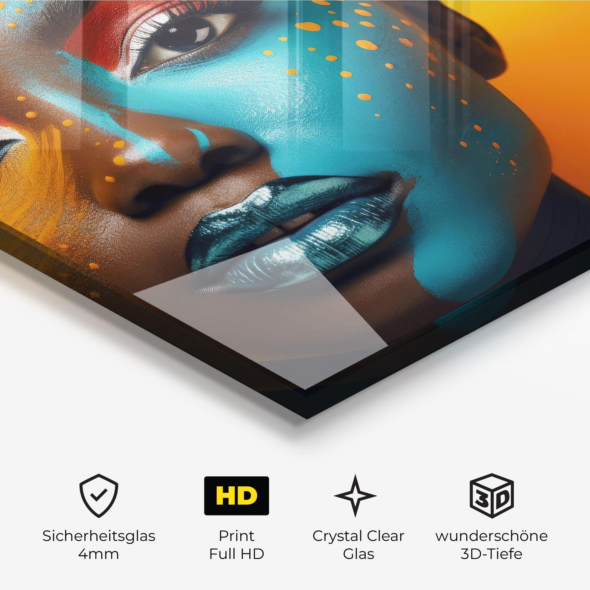 Glasbild Blue Brown Skin Woman mockup 3