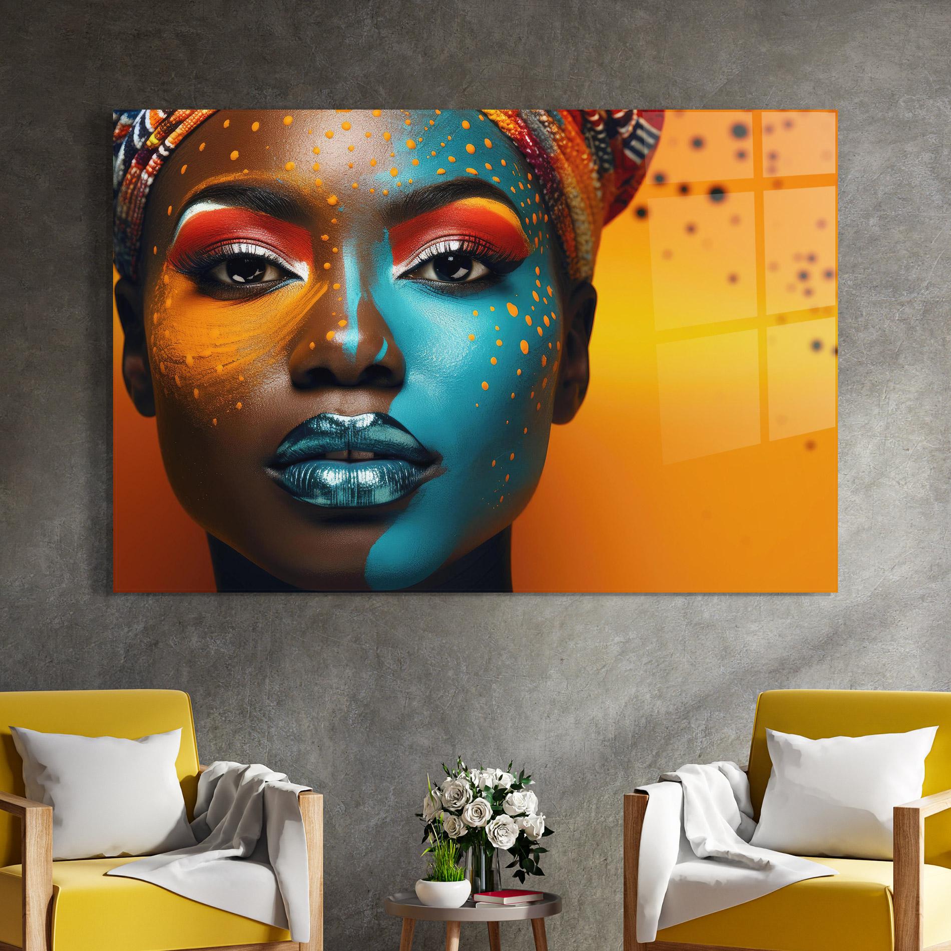 Glasbild Blue Brown Skin Woman mockup 4