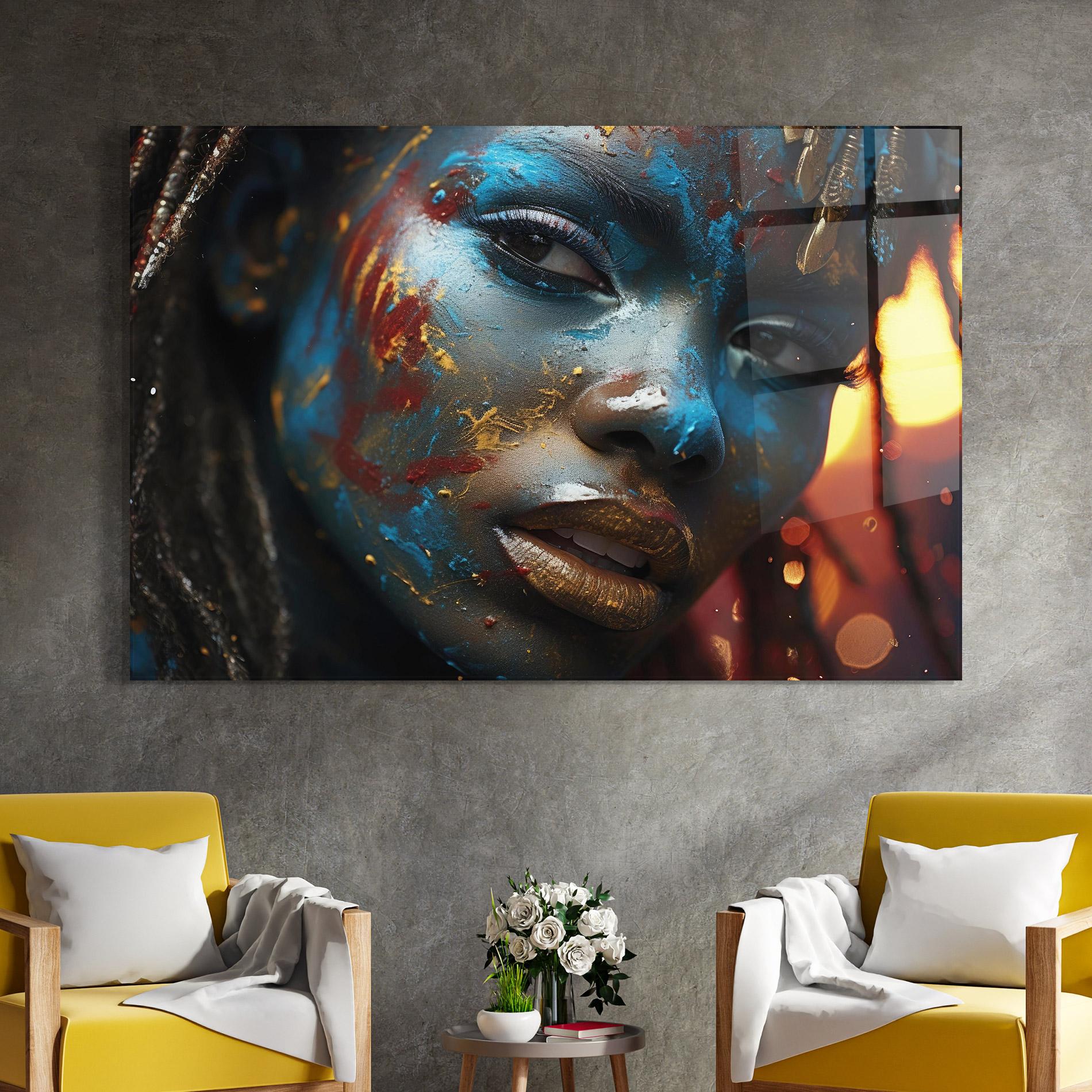 Glasbild Blue Paint Woman mockup 4