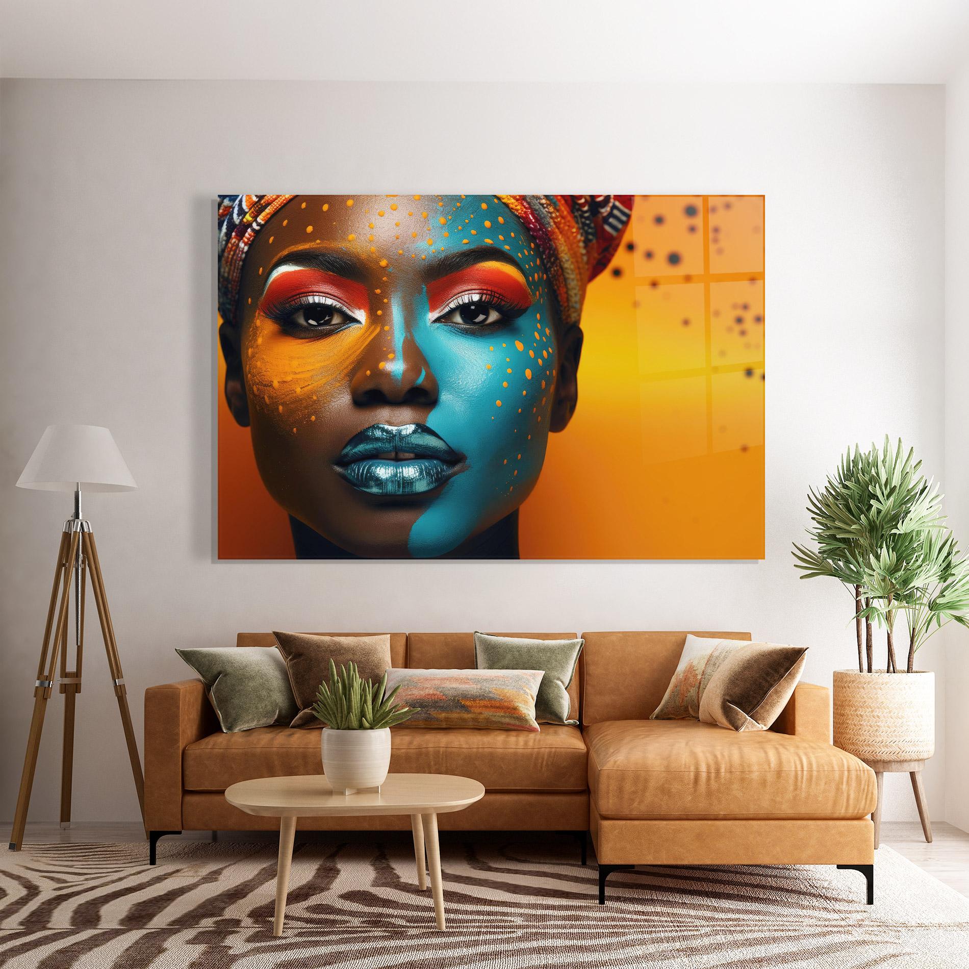 Glasbild Blue Brown Skin Woman mockup 7