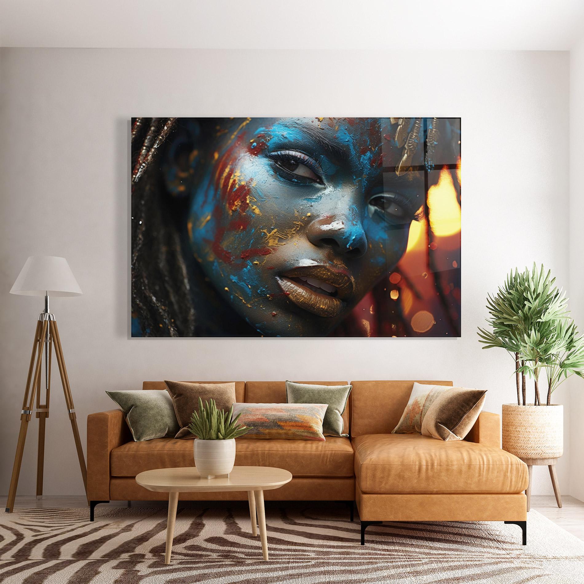 Glasbild Blue Paint Woman mockup 7