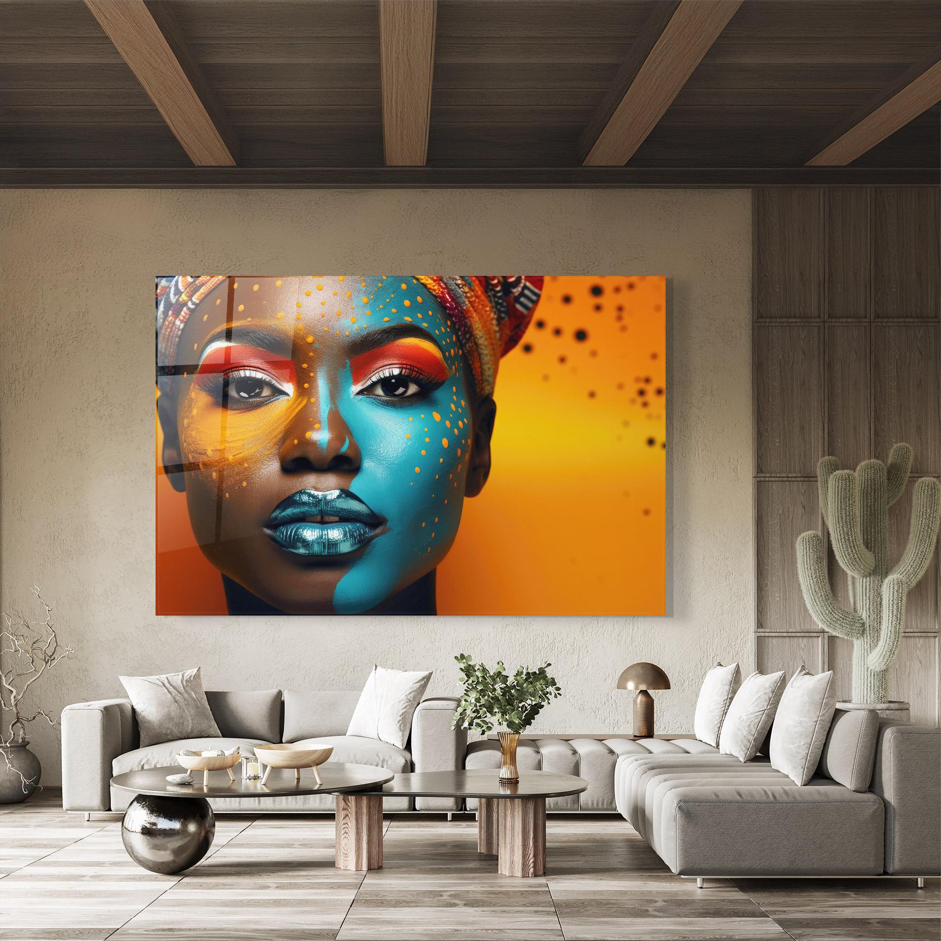 Glasbild Blue Brown Skin Woman mockup 8