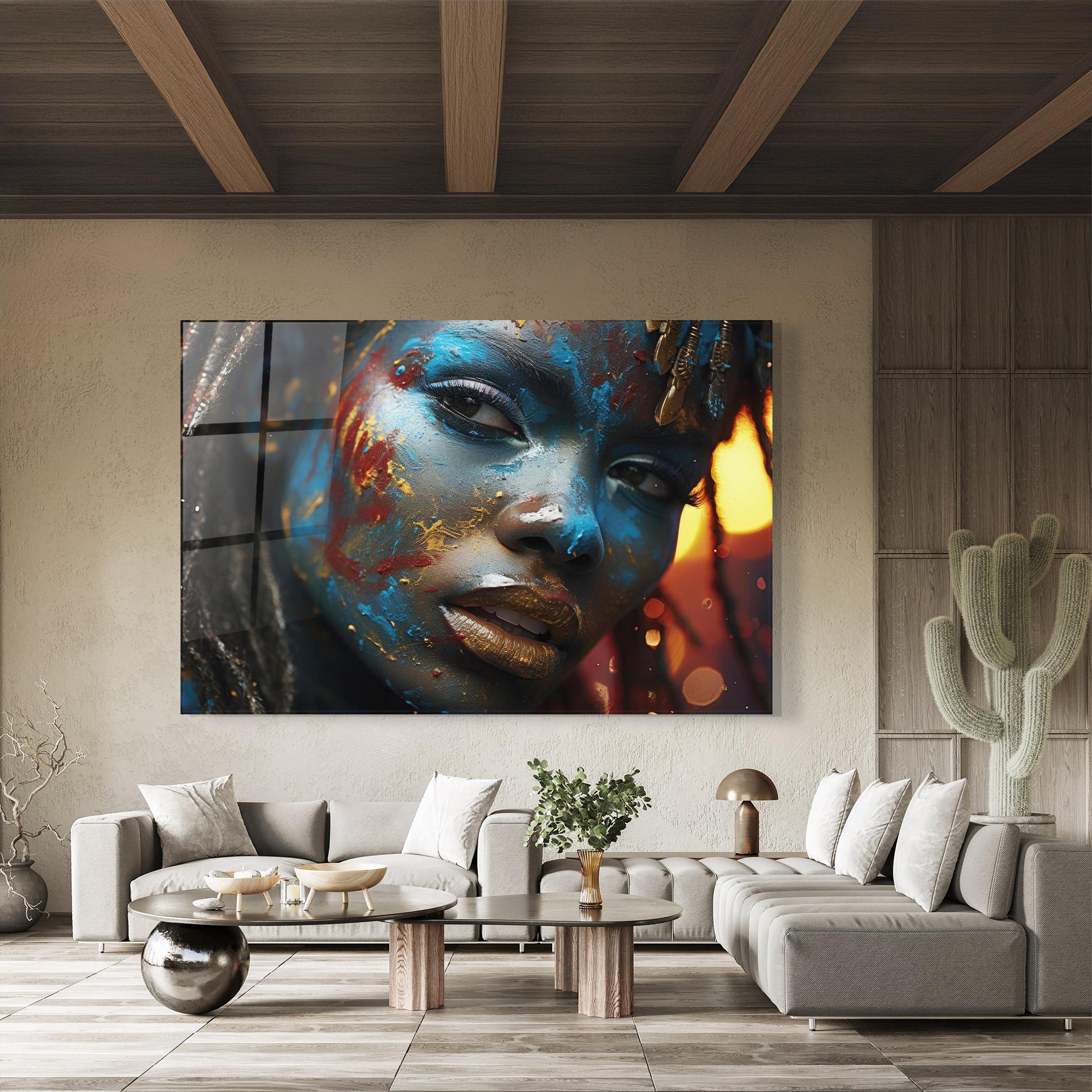 Glasbild Blue Paint Woman mockup 8