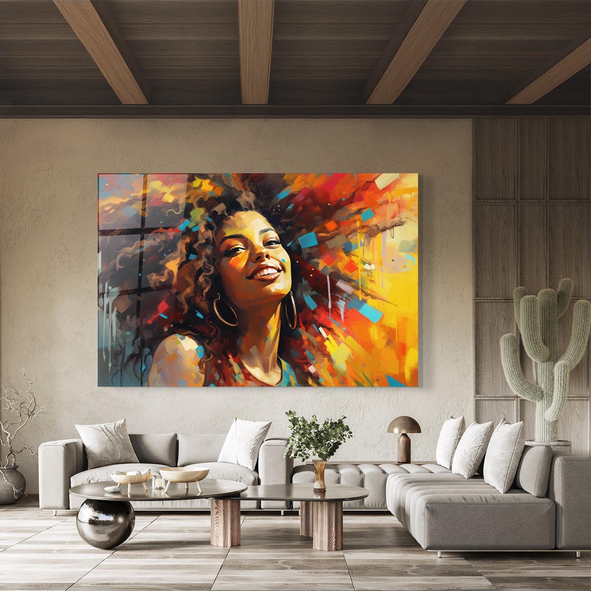 Glasbild Cheerful African Woman mockup 8