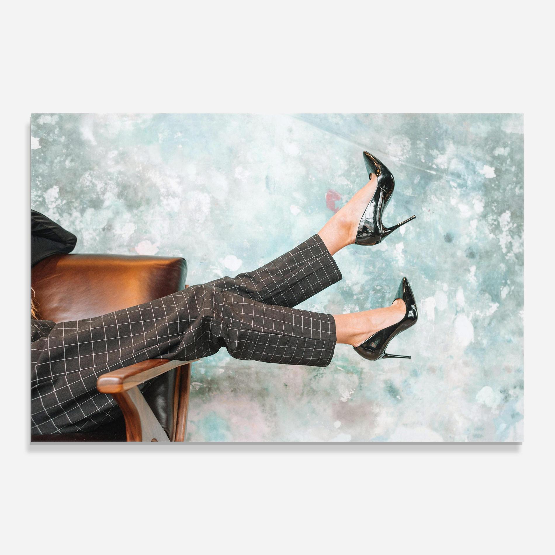 Glasbild Black Shoes On Chair mockup 0