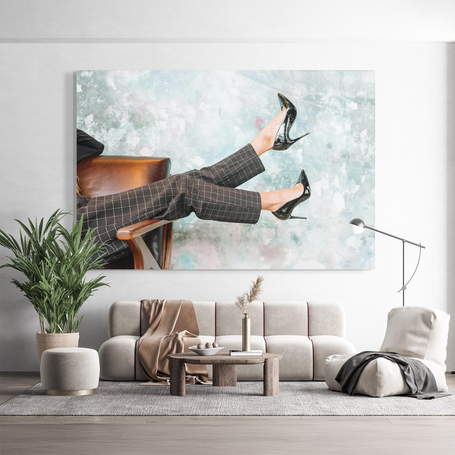 Glasbild Black Shoes On Chair mockup 9