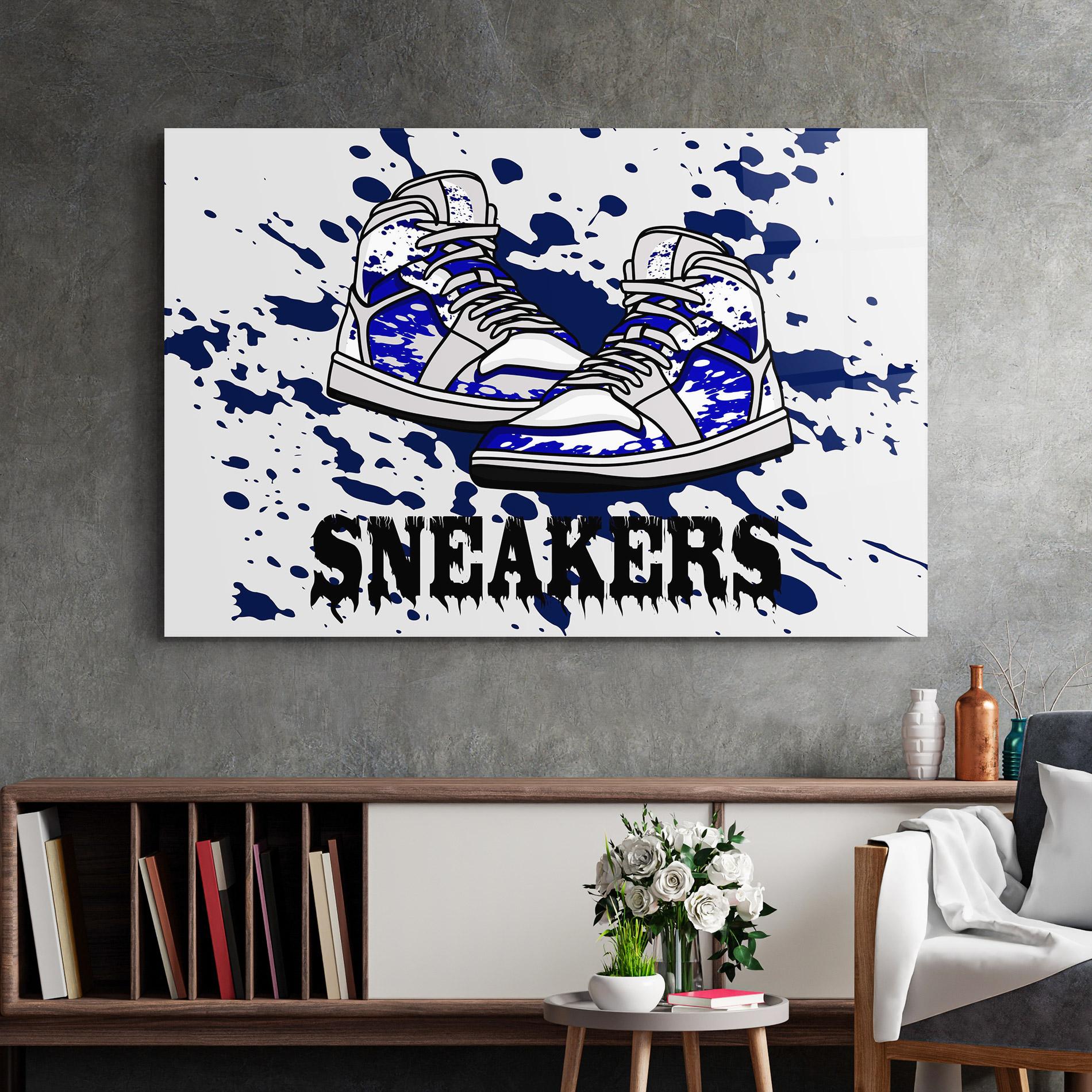 Glasbild Dark Blue Sneakers mockup 2