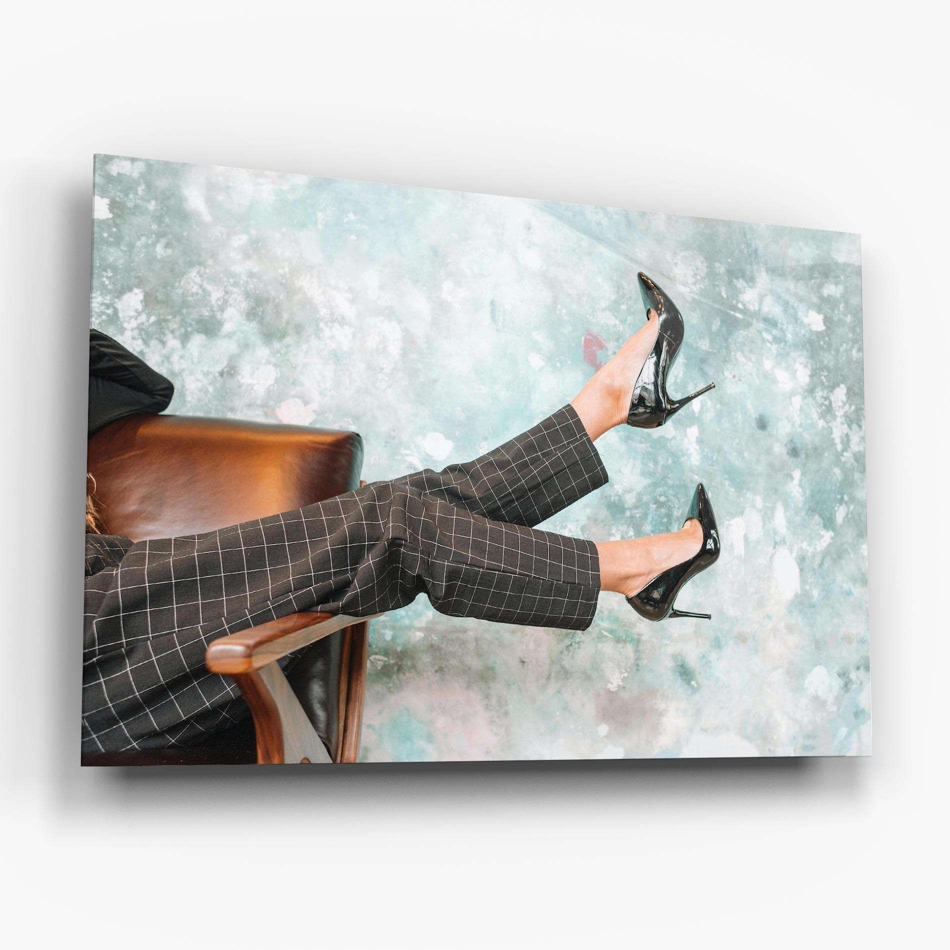 Glasbild Black Shoes On Chair mockup 6