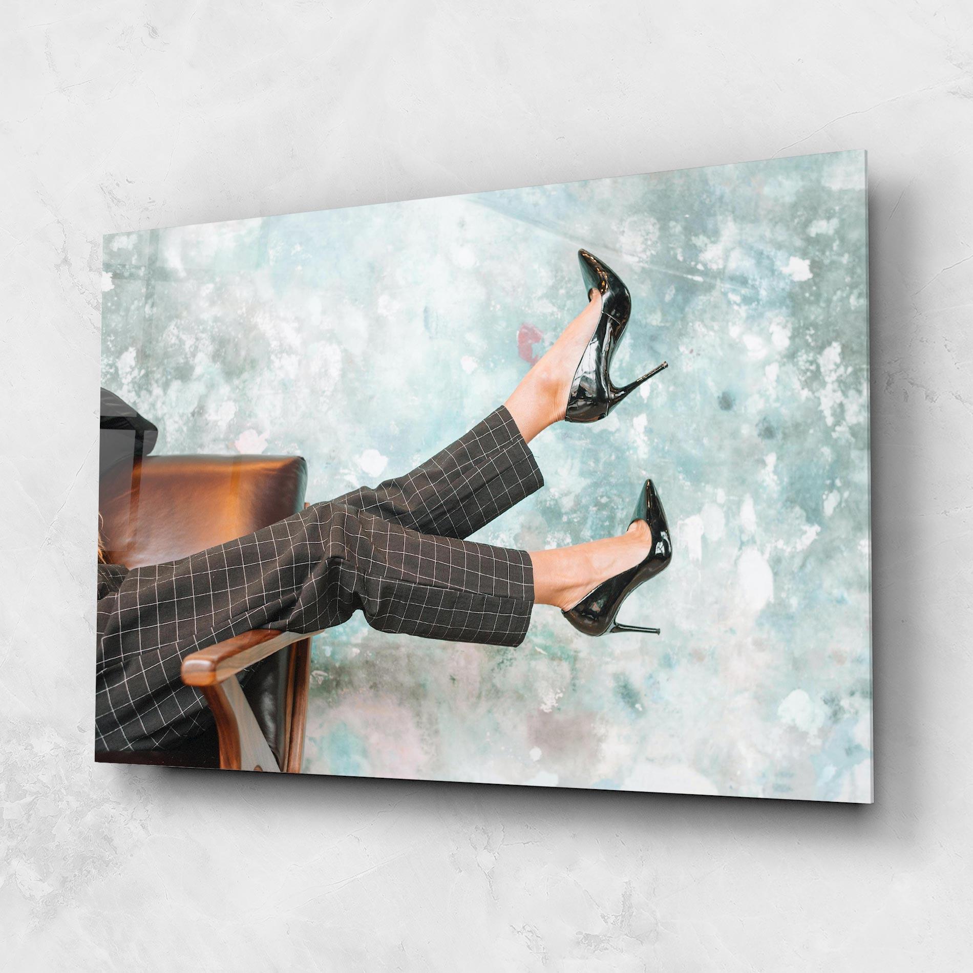Glasbild Black Shoes On Chair mockup 1
