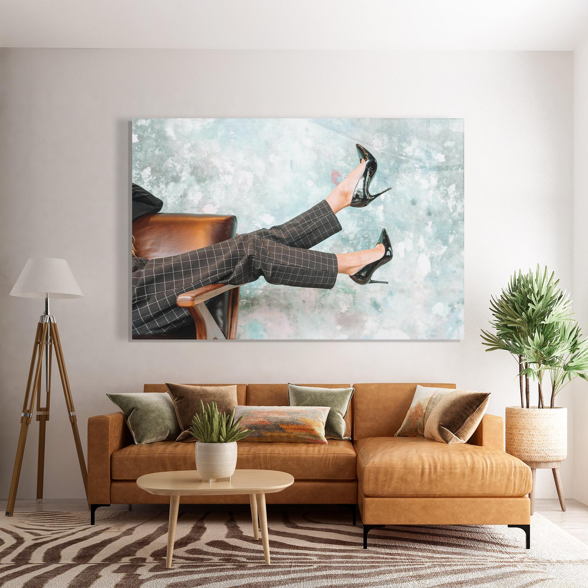 Glasbild Black Shoes On Chair mockup 7