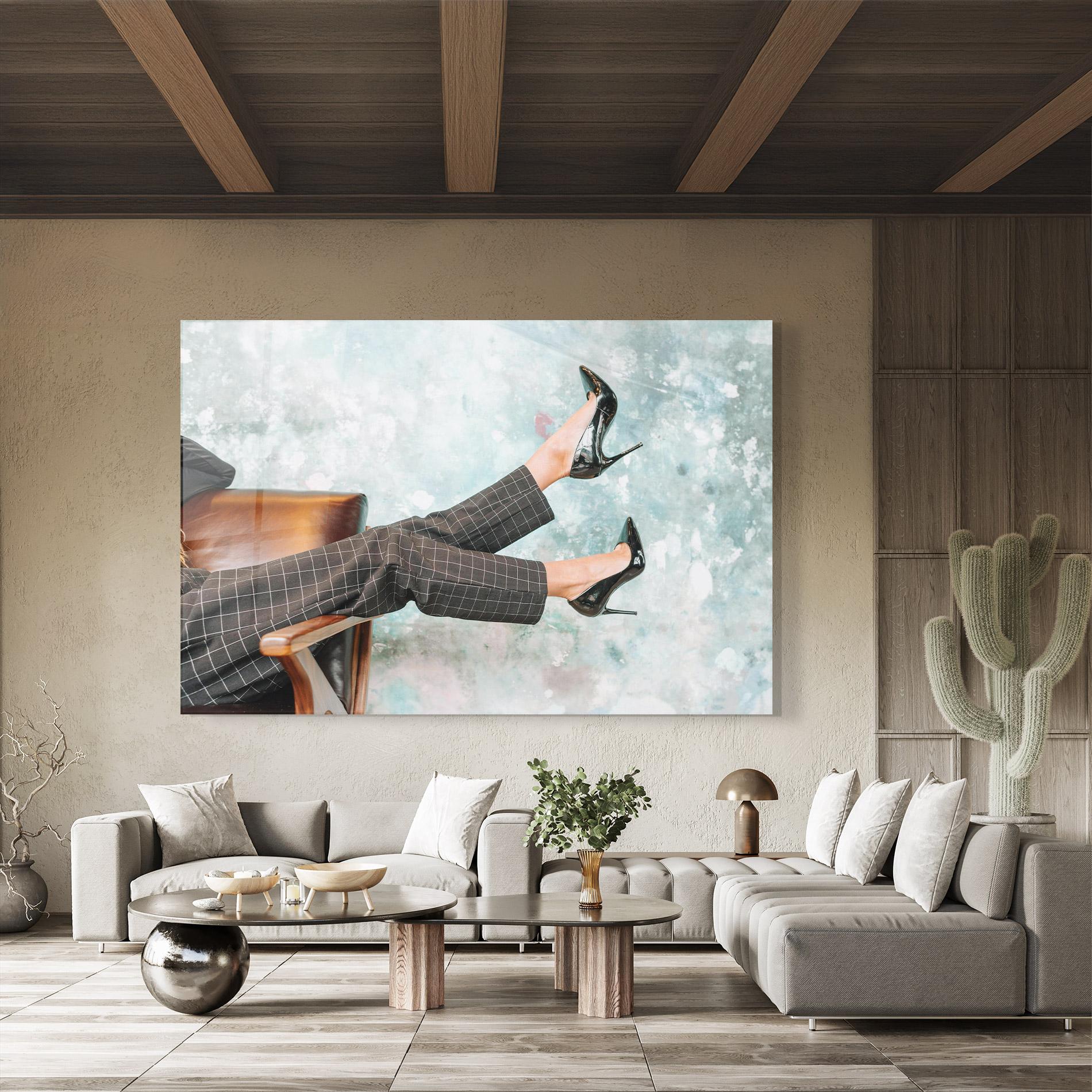 Glasbild Black Shoes On Chair mockup 8