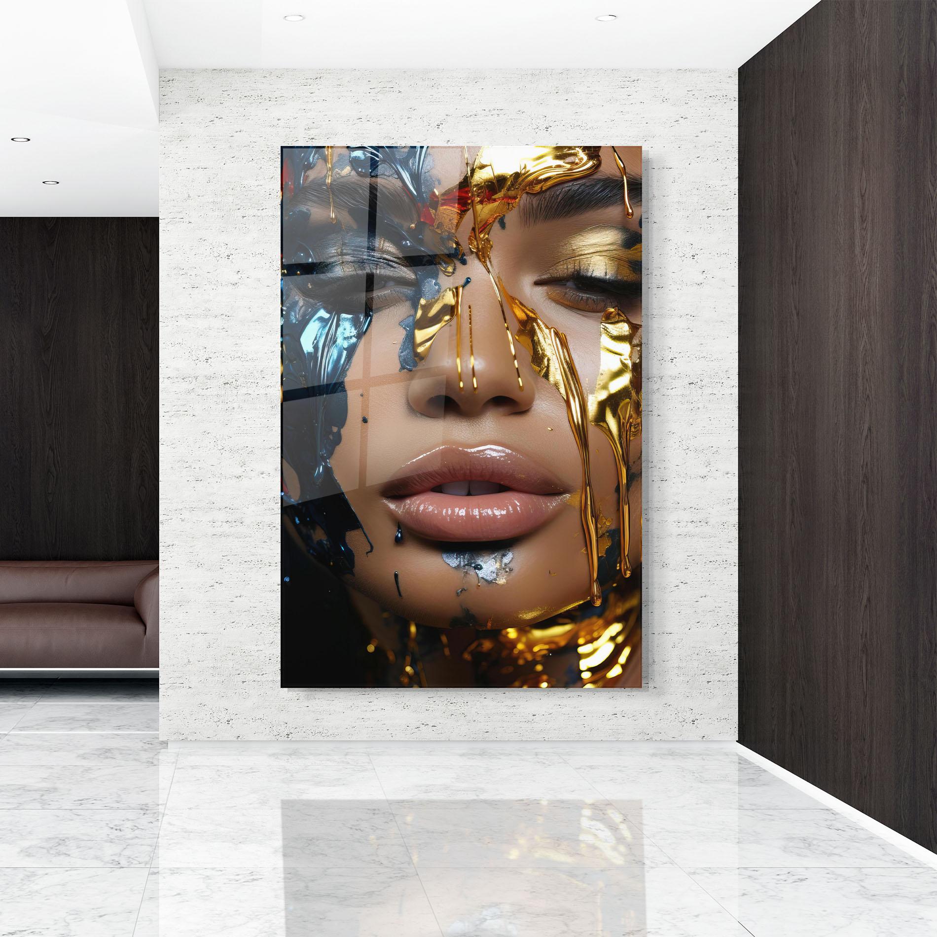 Glasbild Blue Gold Paint Face mockup 9