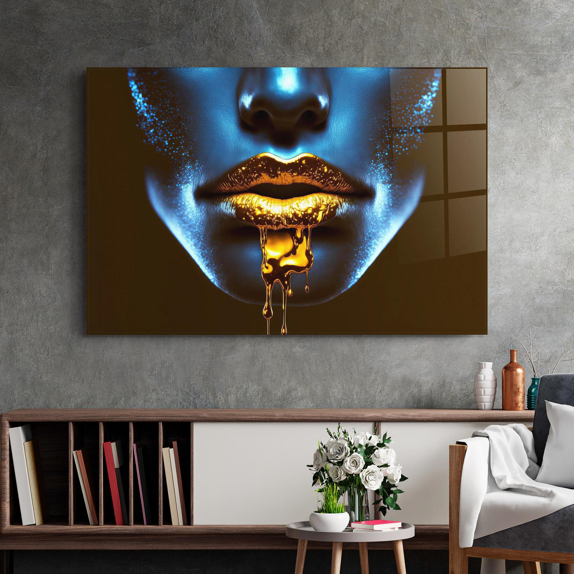 Glasbild Blue Gold Lips mockup 2