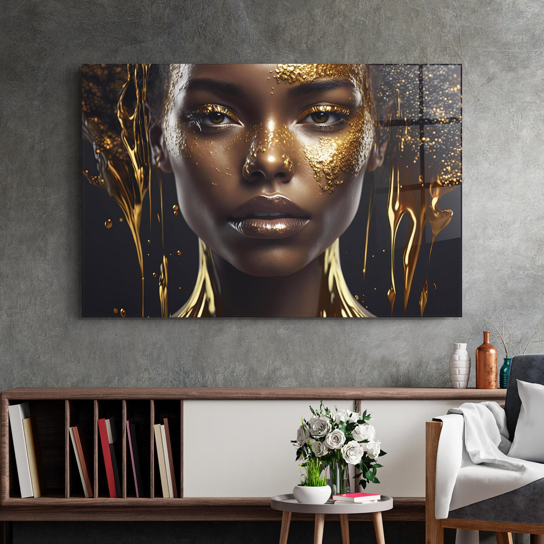 Glasbild Gold Portrait Falling mockup 2