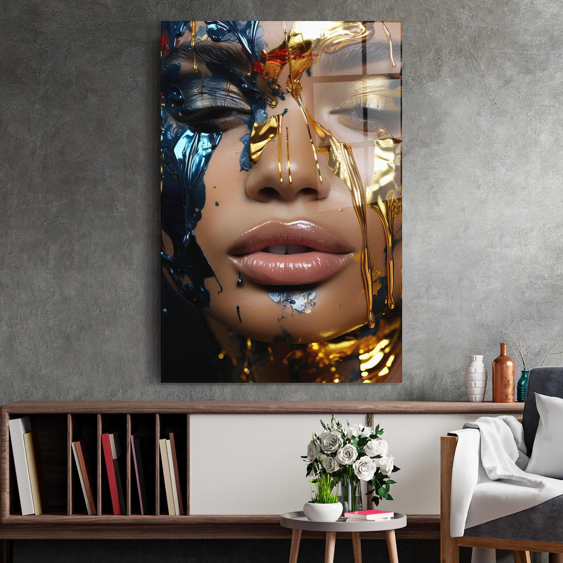 Glasbild Blue Gold Paint Face mockup 2