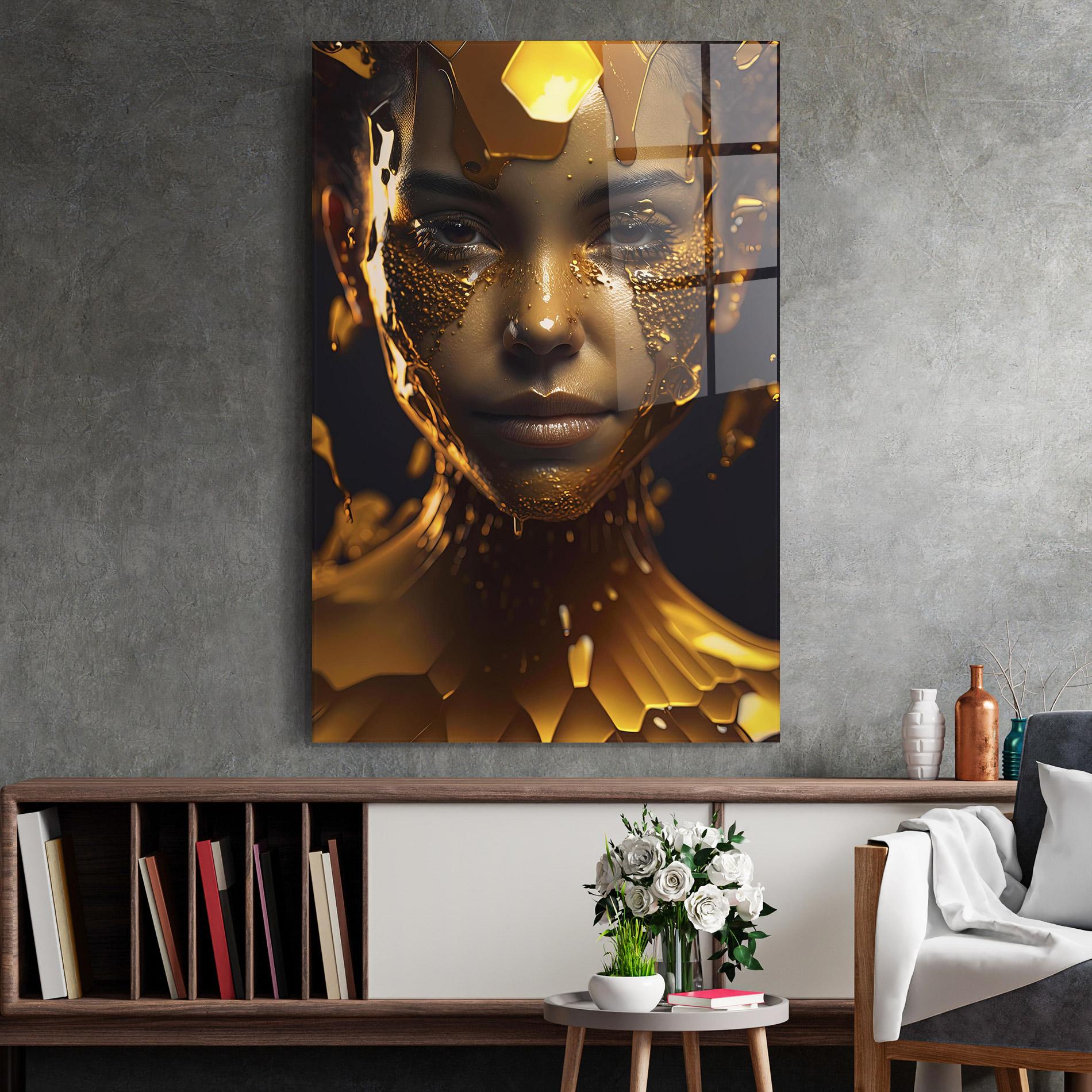 Glasbild Gold Honeycomb Girl mockup 2