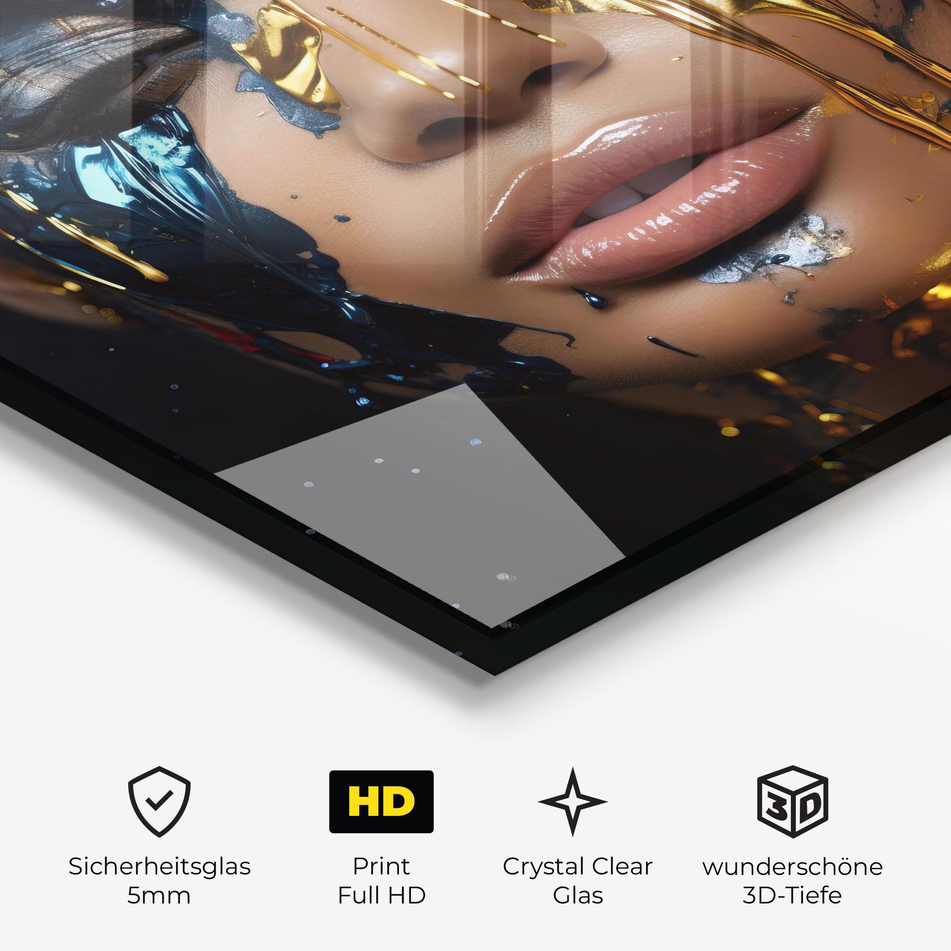 Glasbild Blue Gold Paint Face mockup 3