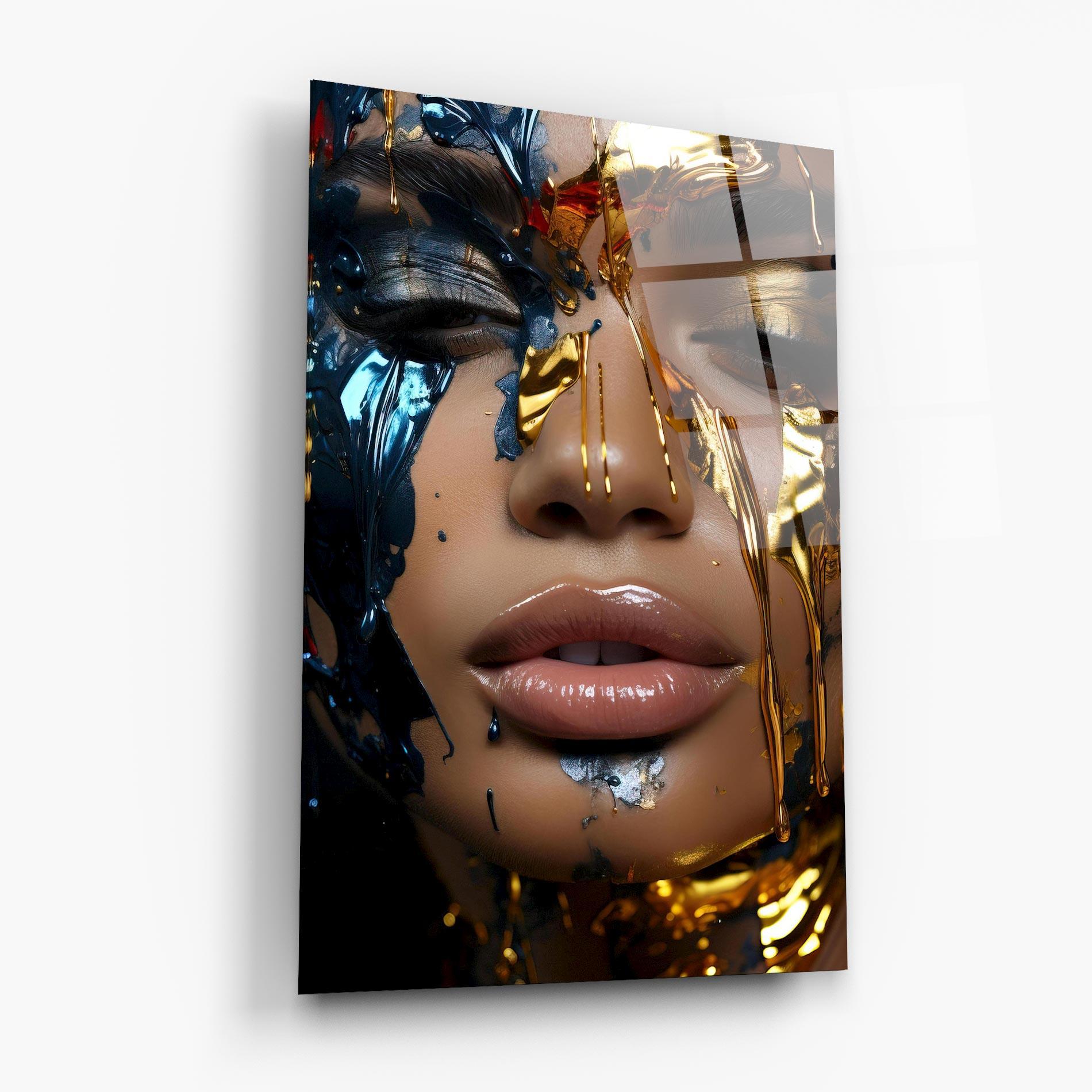 Glasbild Blue Gold Paint Face mockup 6