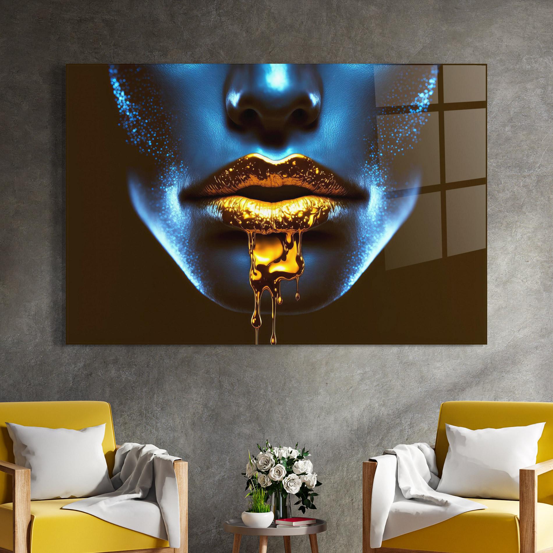 Glasbild Blue Gold Lips mockup 4