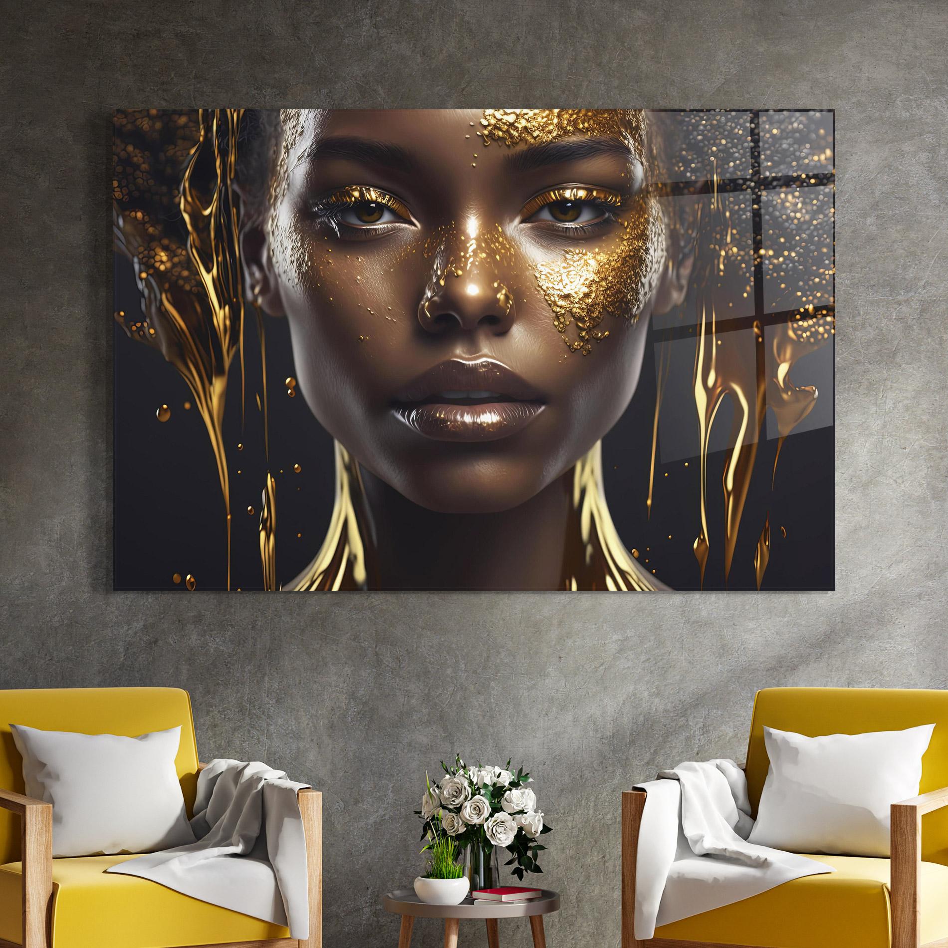 Glasbild Gold Portrait Falling mockup 4