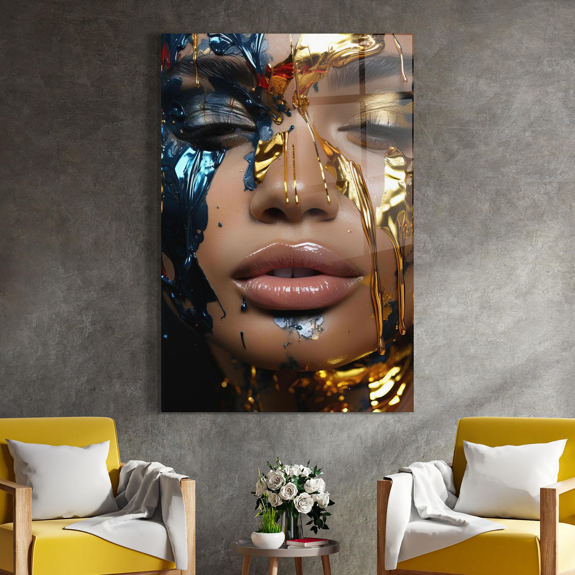 Glasbild Blue Gold Paint Face mockup 4