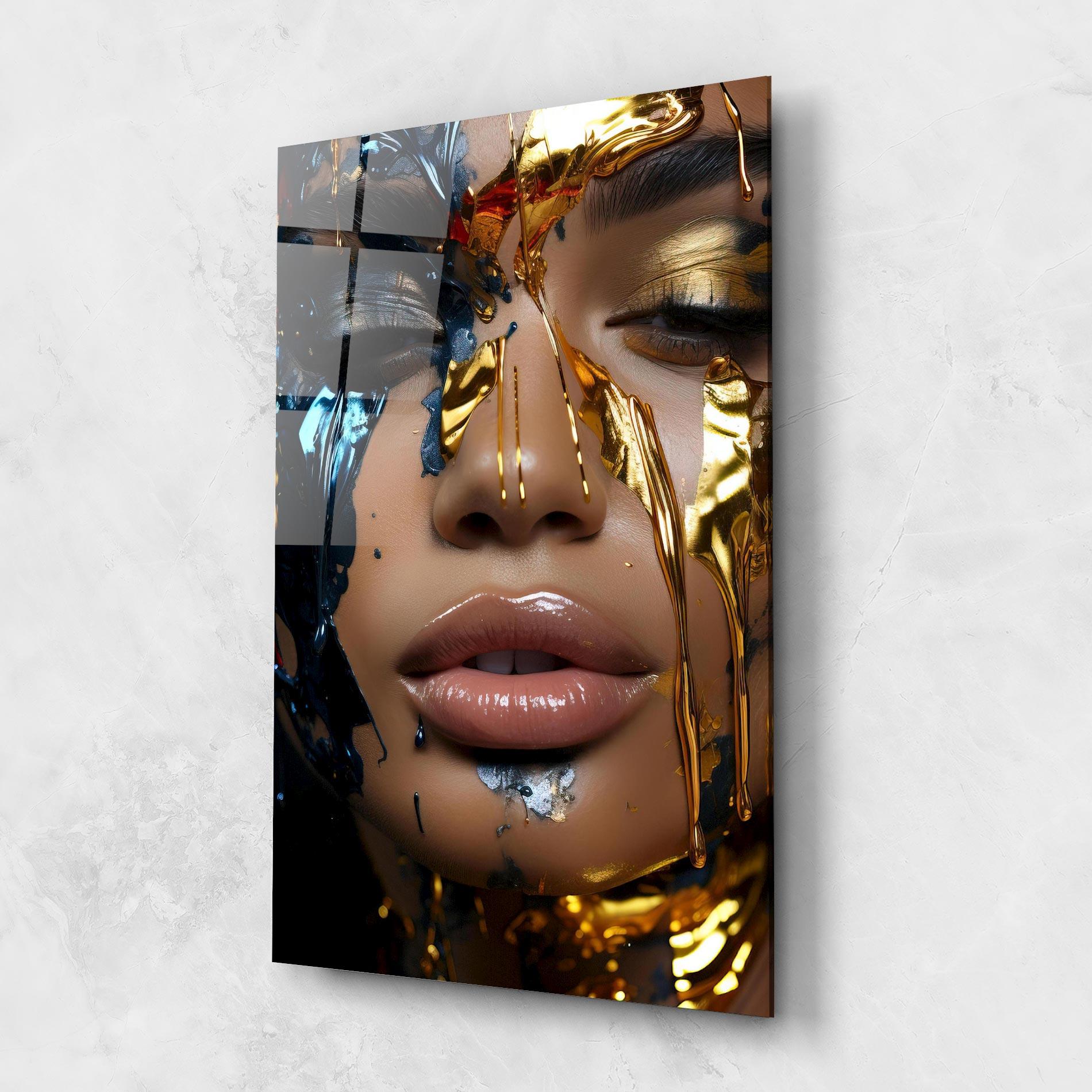 Glasbild Blue Gold Paint Face mockup 1