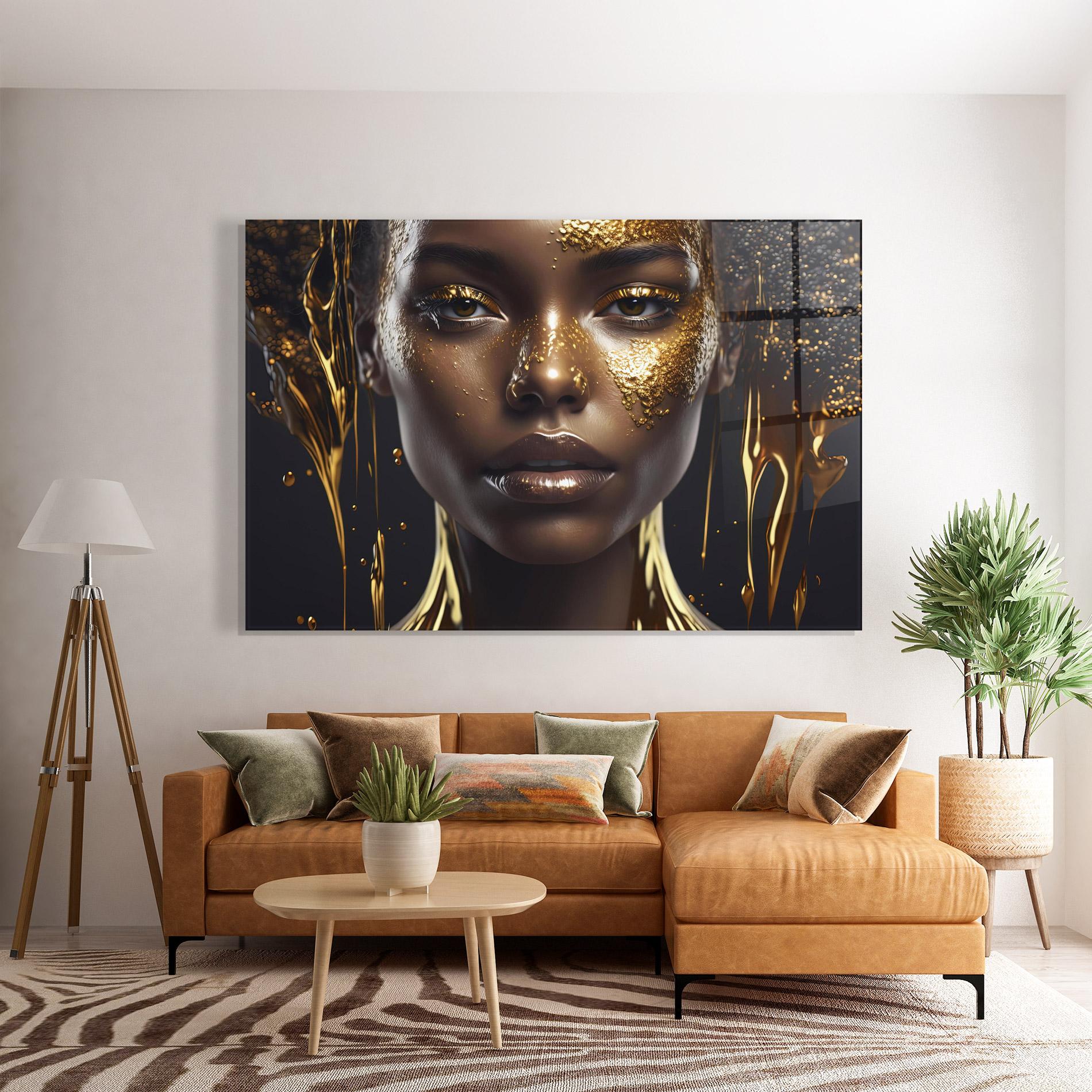 Glasbild Gold Portrait Falling mockup 7