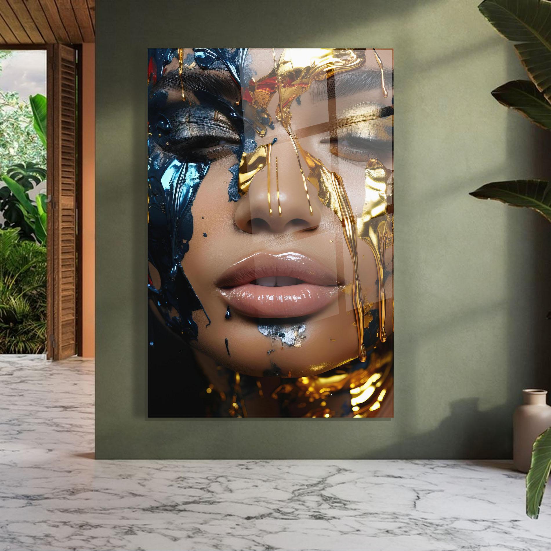 Glasbild Blue Gold Paint Face mockup 7
