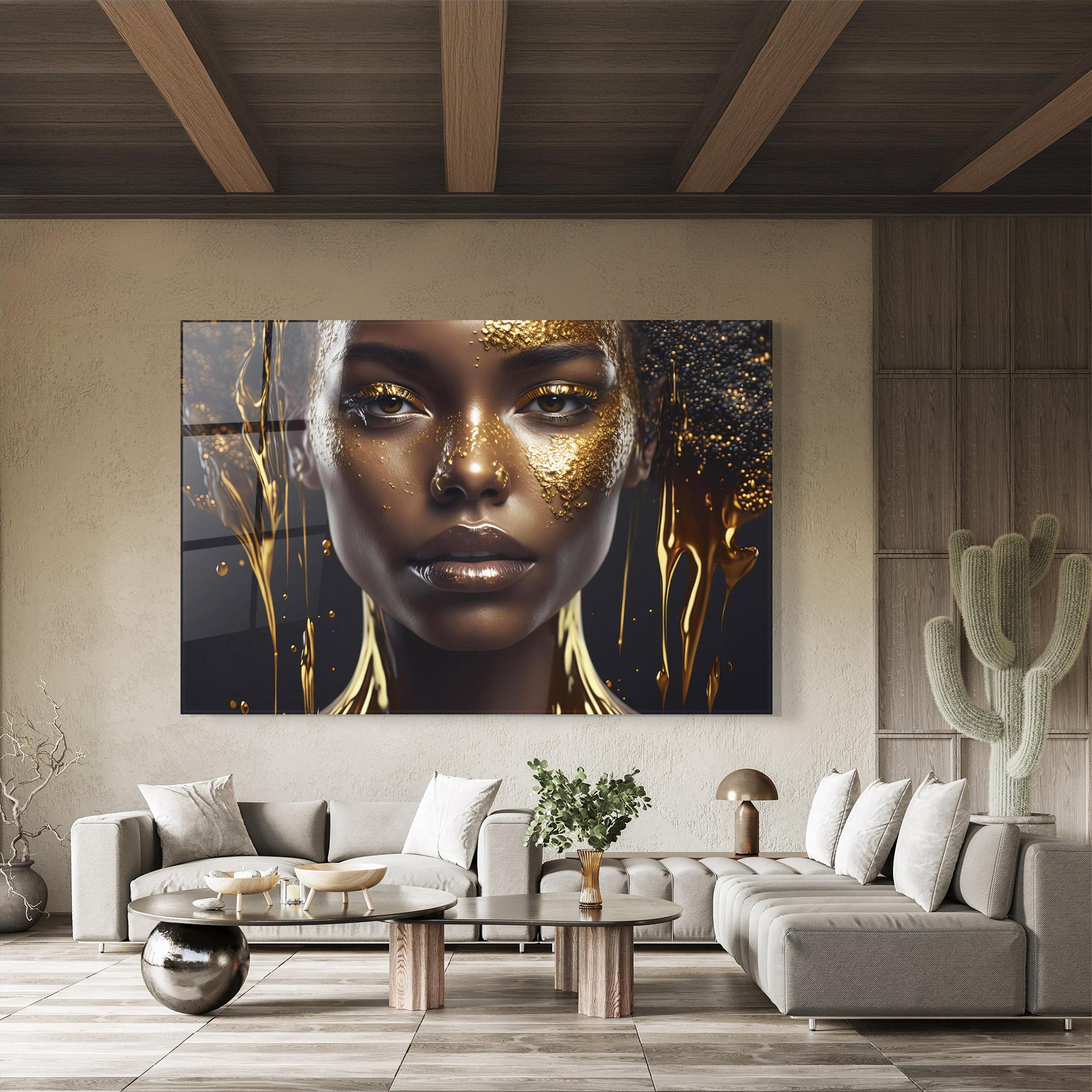 Glasbild Gold Portrait Falling mockup 8