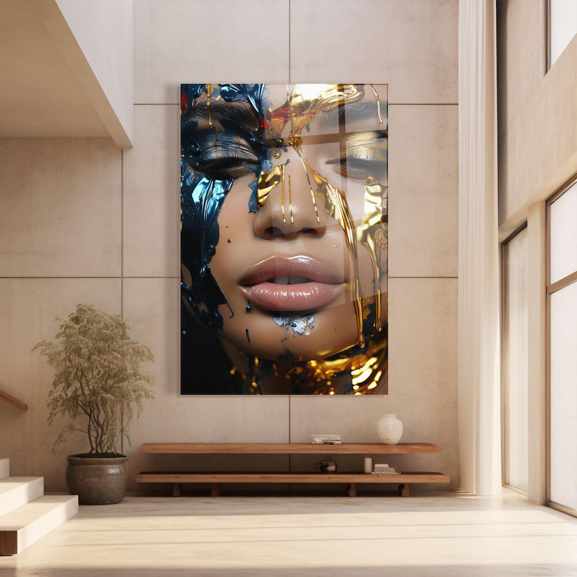 Glasbild Blue Gold Paint Face mockup 8