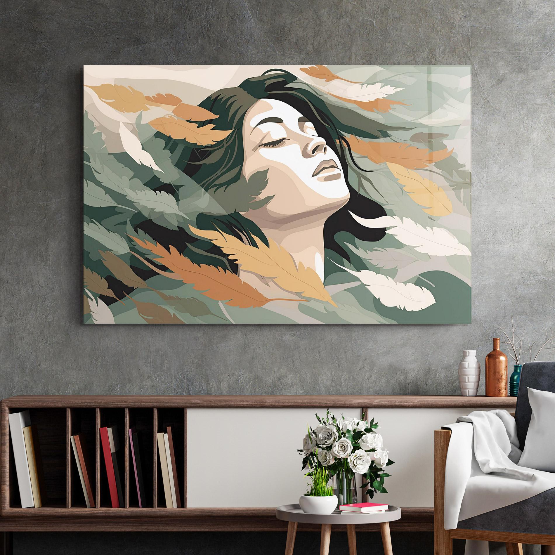 Glasbild Dreamy Feather Female mockup 2