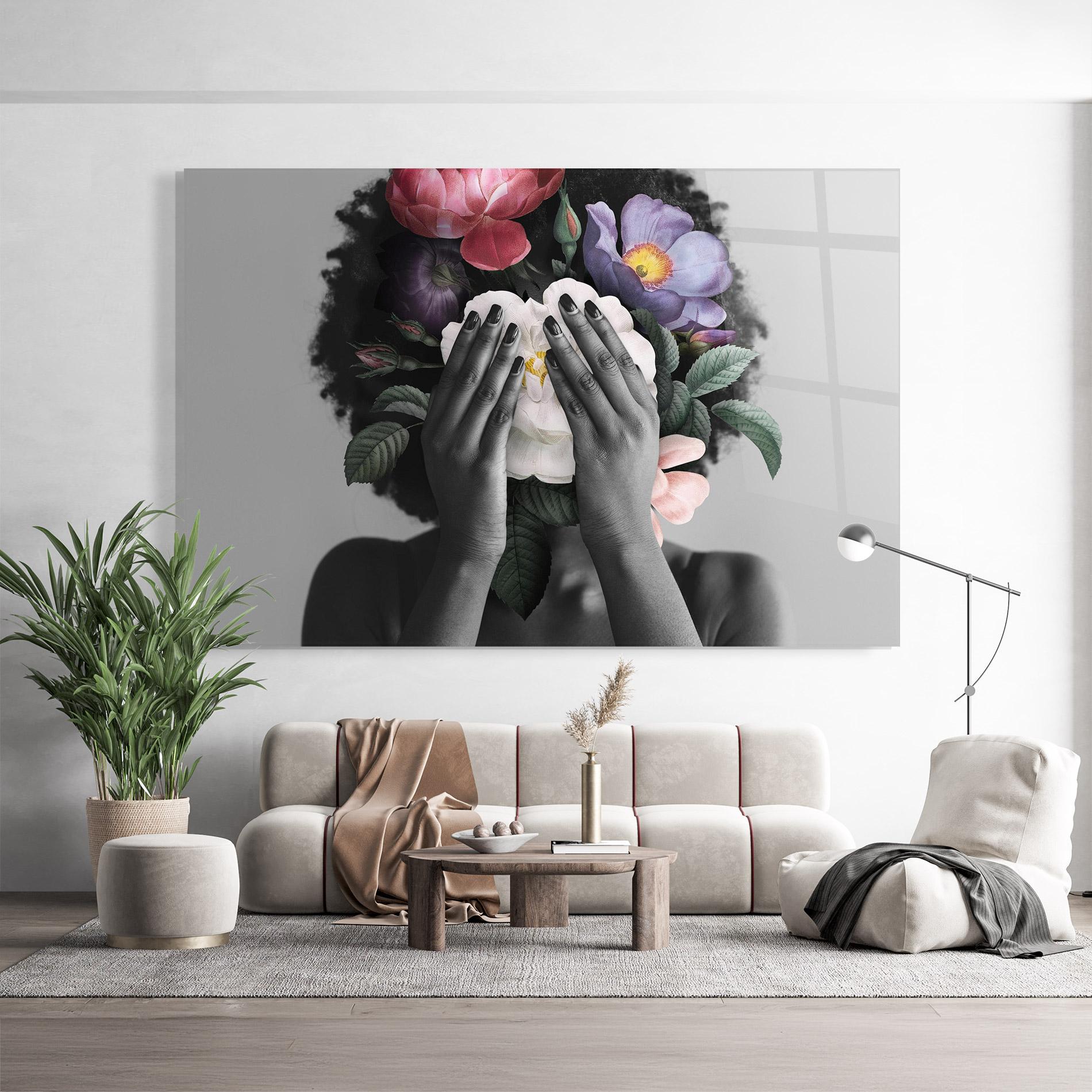 Glasbild African Flowers Woman mockup 9