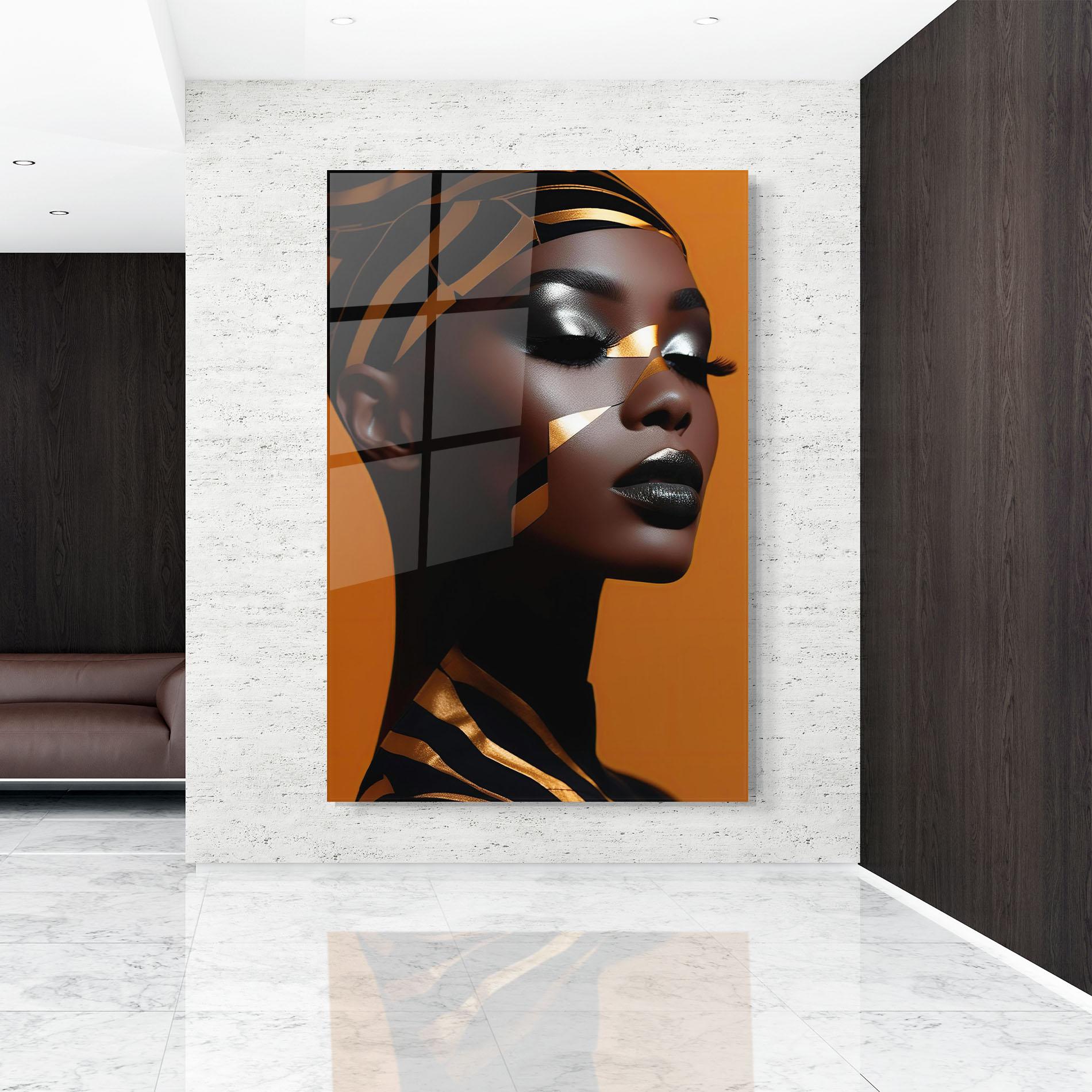 Glasbild African Woman On Orange mockup 9