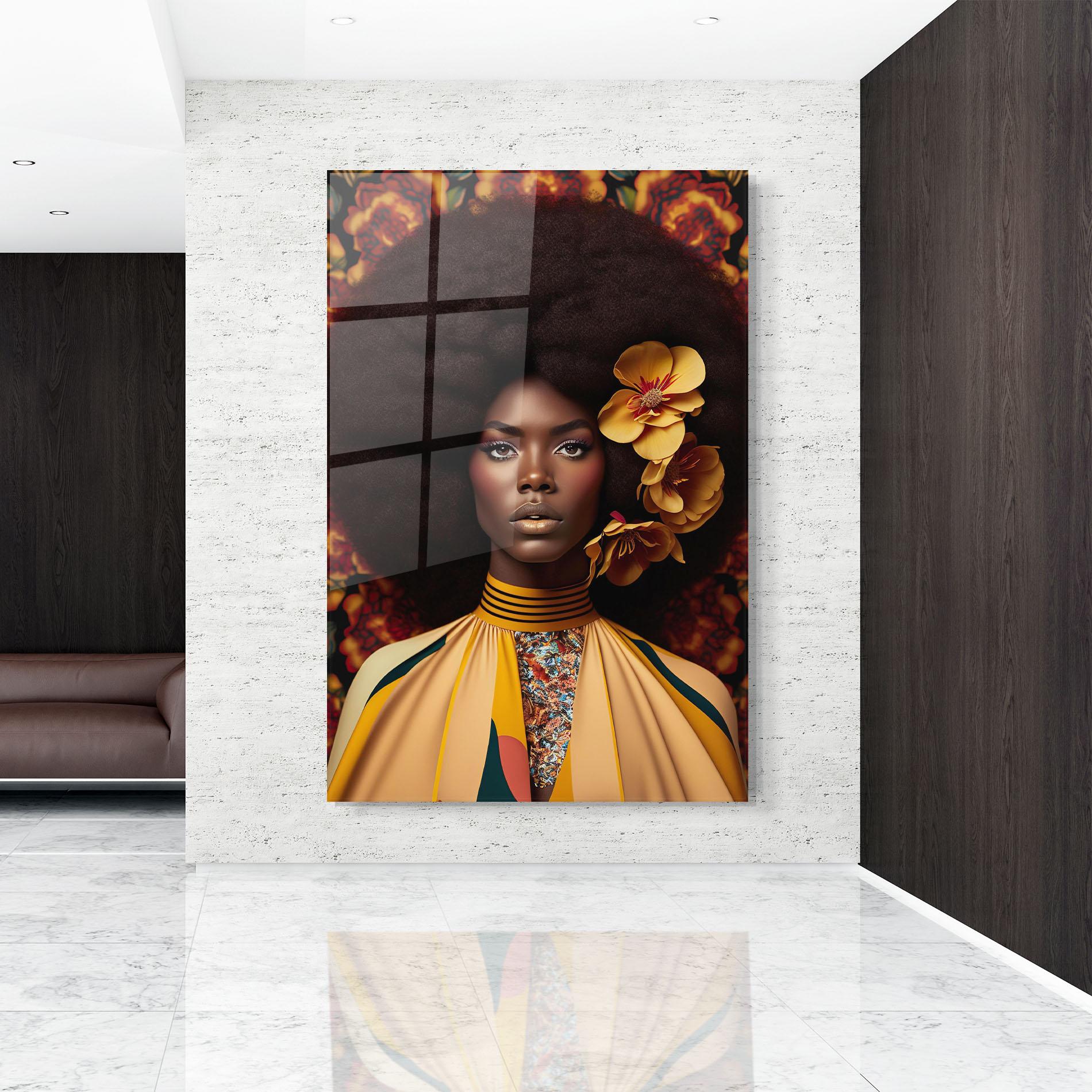 Glasbild Big Yellow Flower Woman mockup 9