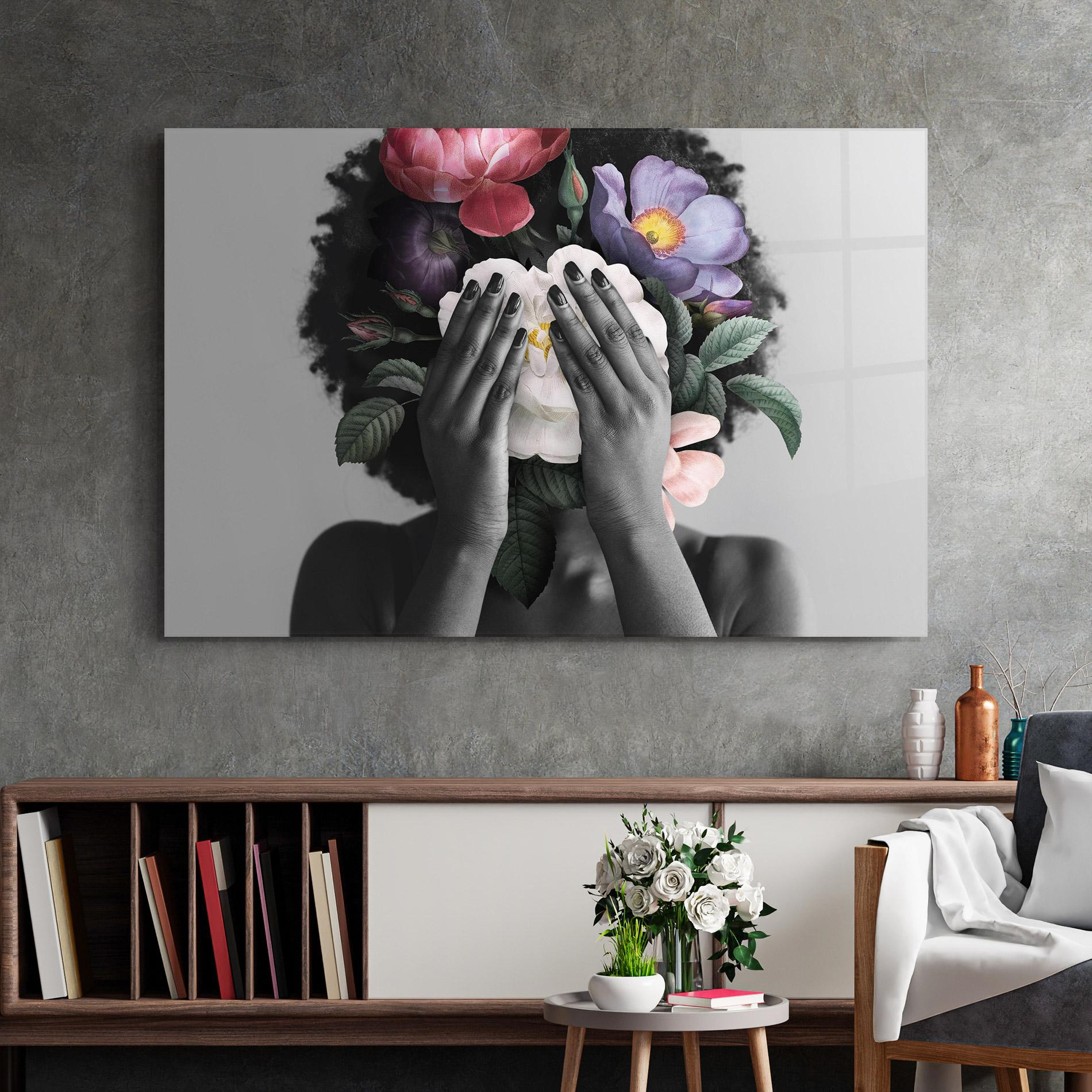 Glasbild African Flowers Woman mockup 2