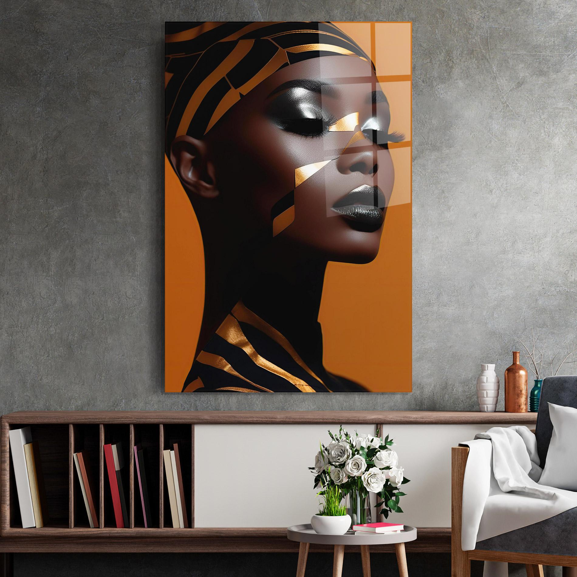 Glasbild African Woman On Orange mockup 2