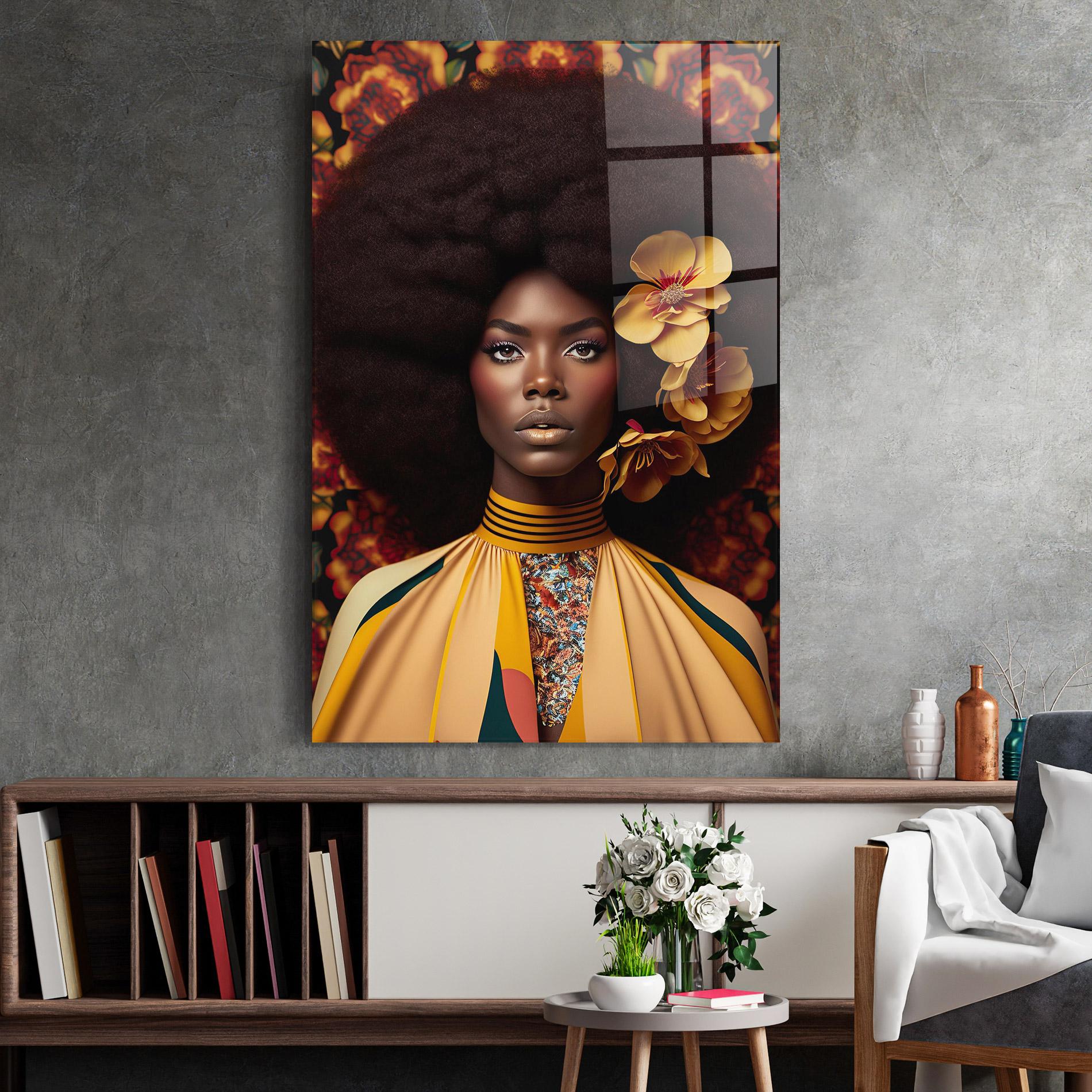 Glasbild Big Yellow Flower Woman mockup 2