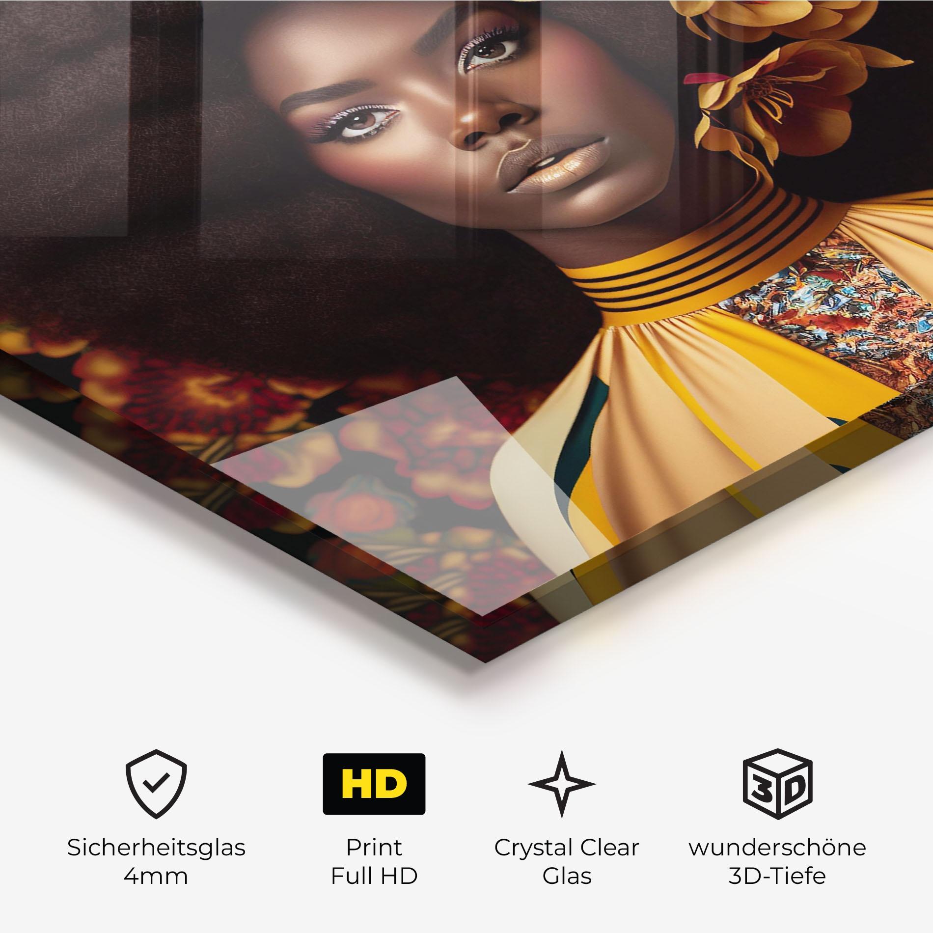 Glasbild Big Yellow Flower Woman mockup 3