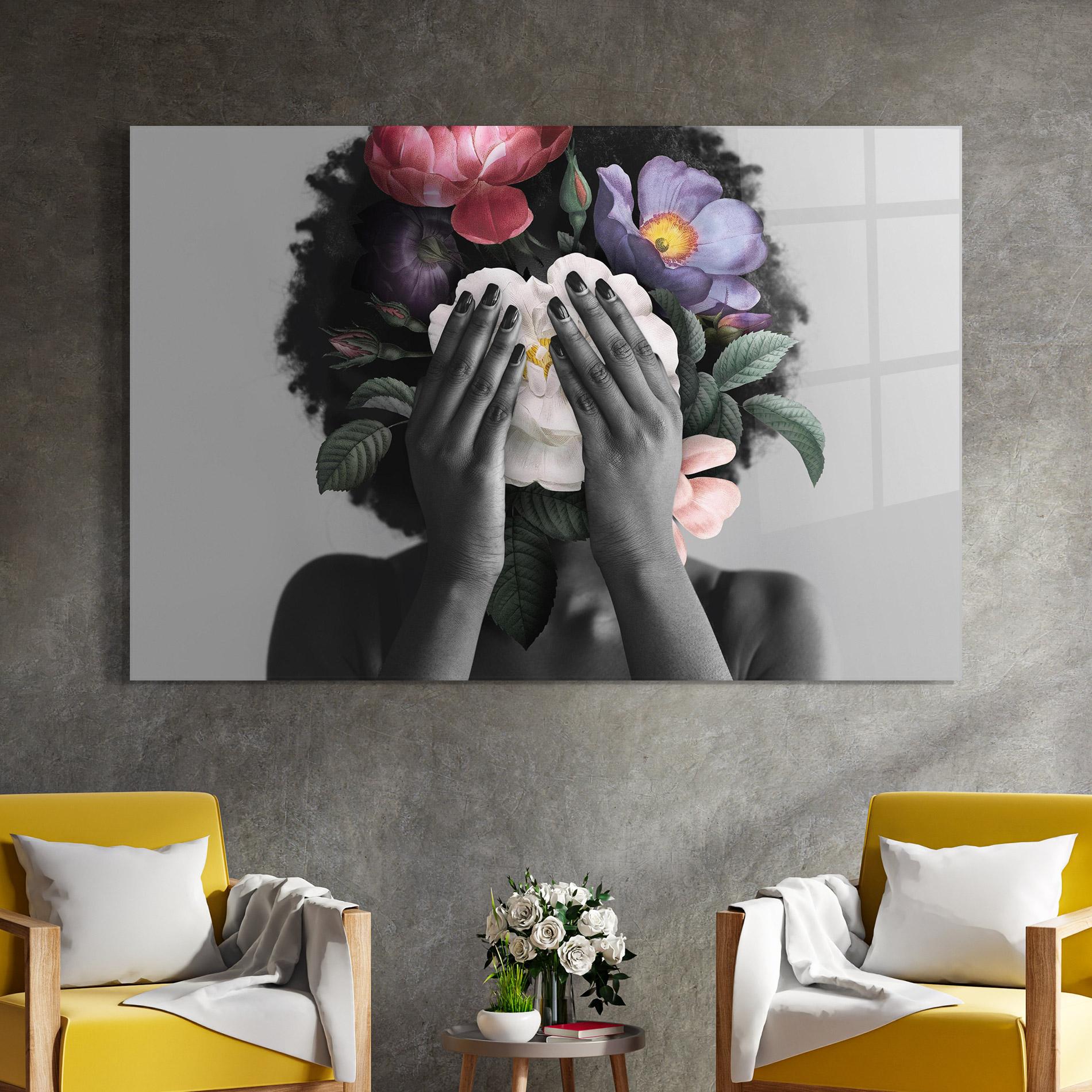 Glasbild African Flowers Woman mockup 4