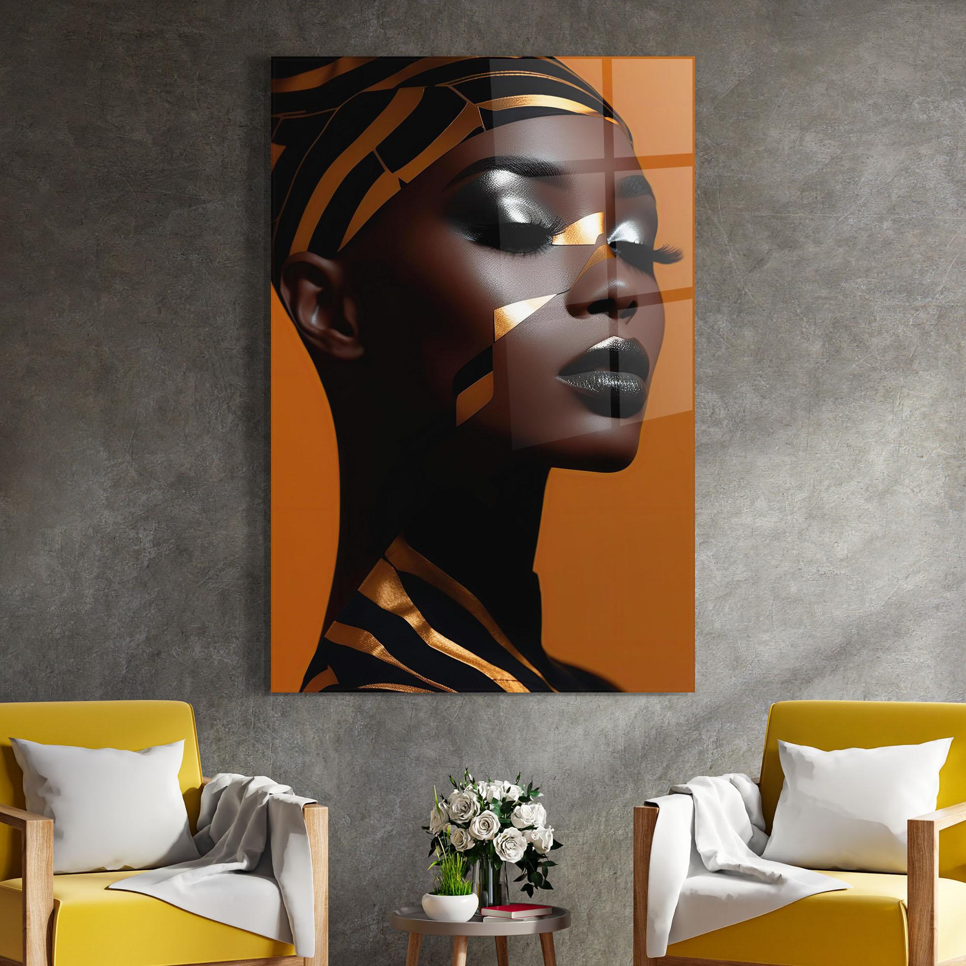 Glasbild African Woman On Orange mockup 4