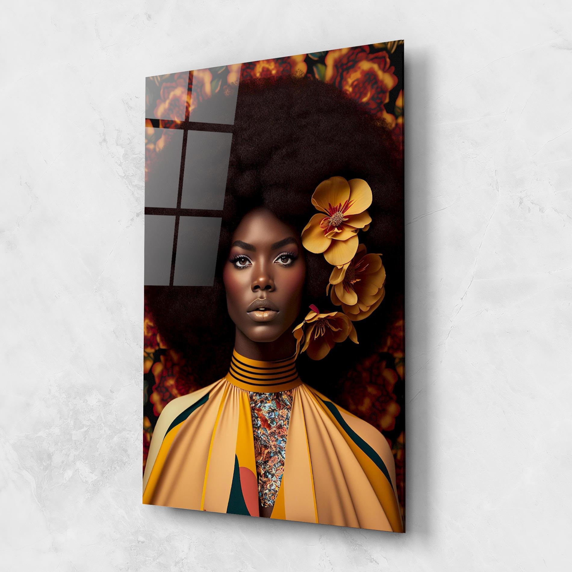 Glasbild Big Yellow Flower Woman mockup 1